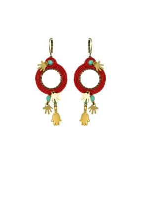 Hamsa Red String Hoop Earrings, Golden Hands