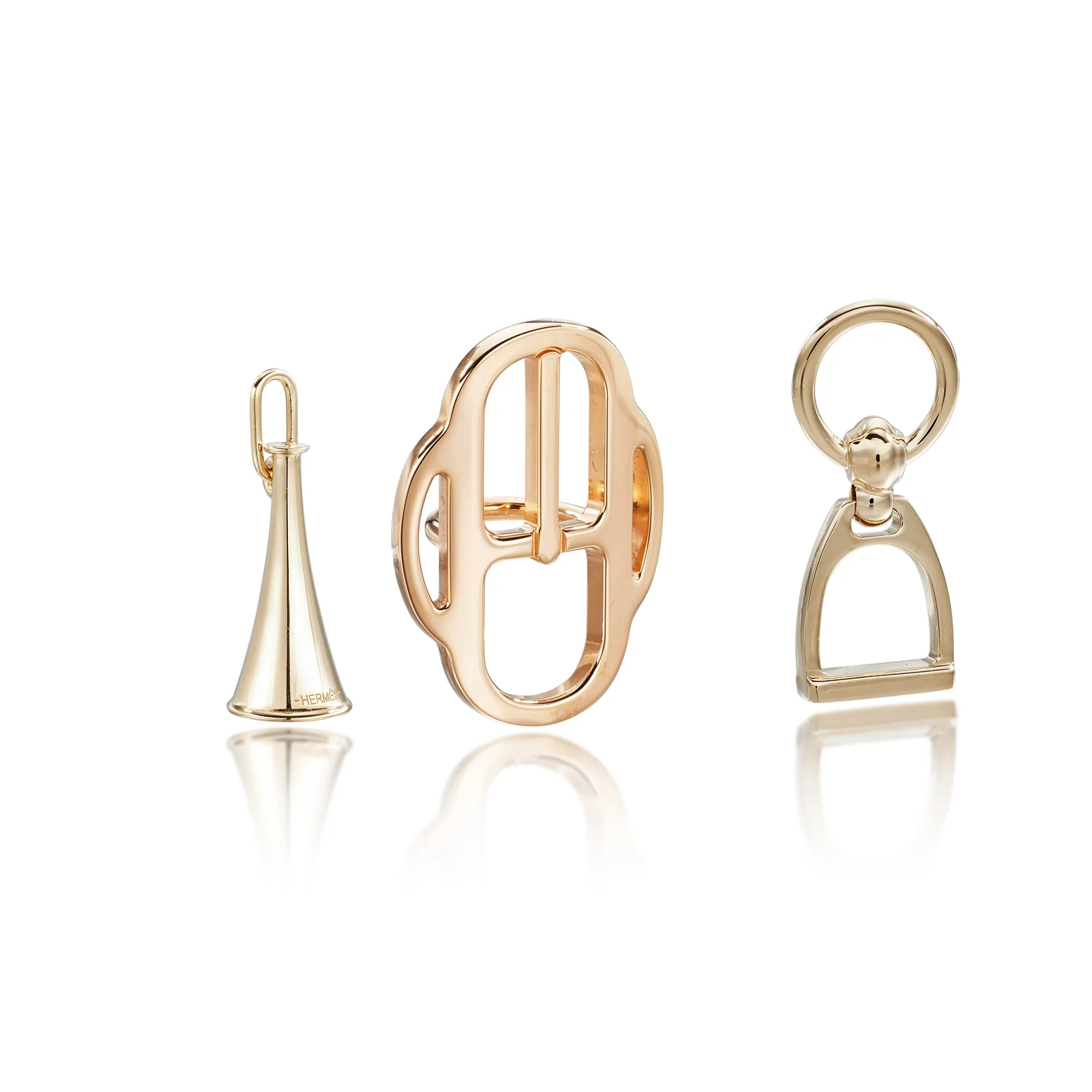 Hermès Permabrass Charms Etrier, Rose Gold Plated Mini Boucle and Permabrass Triumph Twilly Rings