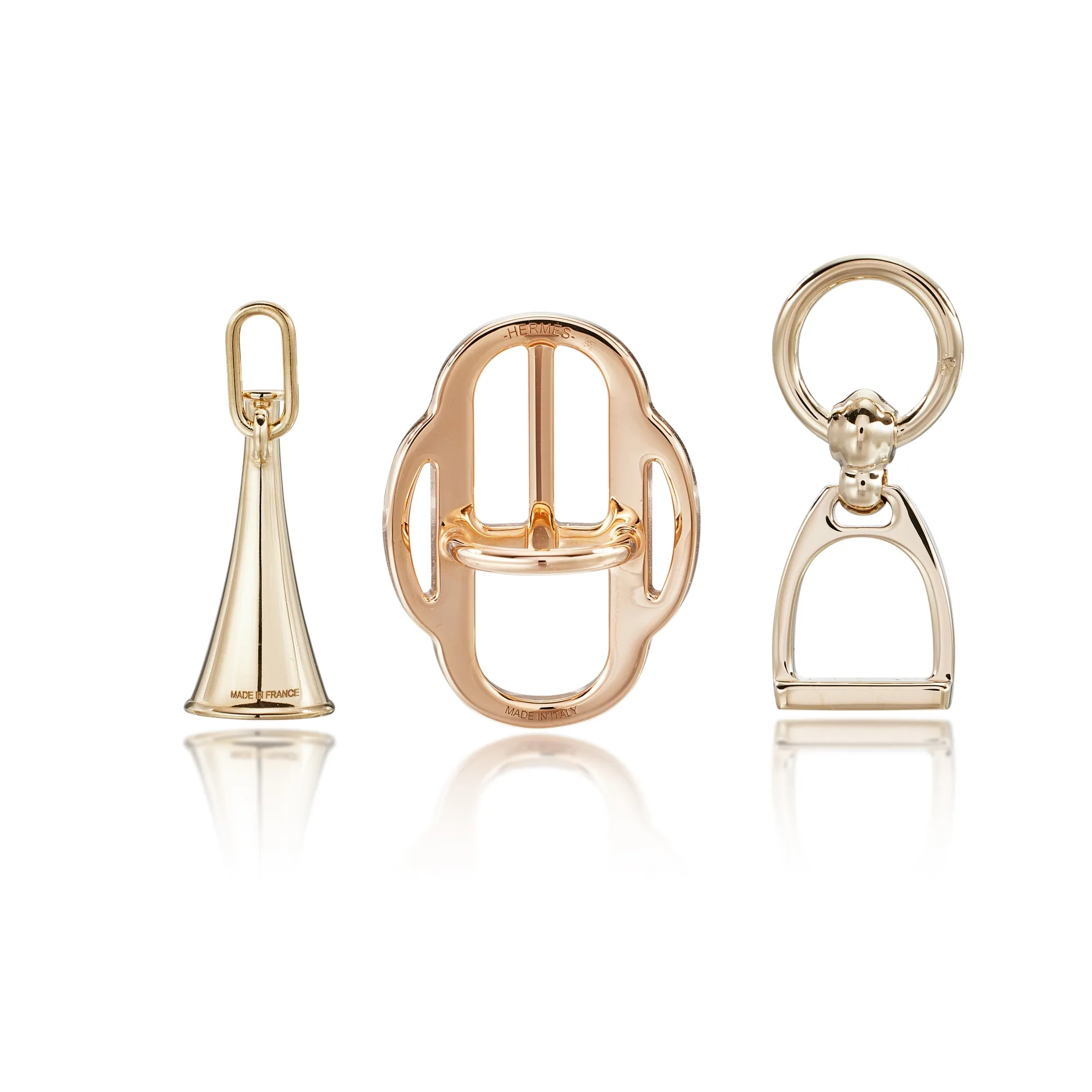 Hermès Permabrass Charms Etrier, Rose Gold Plated Mini Boucle and Permabrass Triumph Twilly Rings