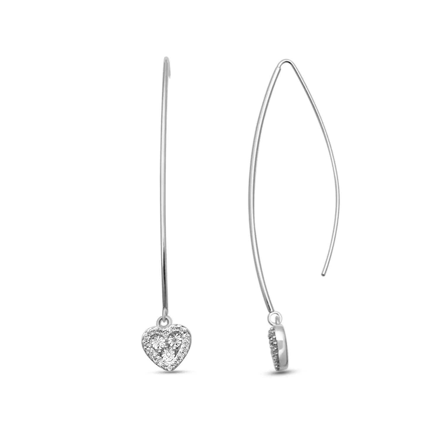 Jewelili 10K White Gold 1/10 CTTW Natural White Round Diamonds Heart Drop Earrings