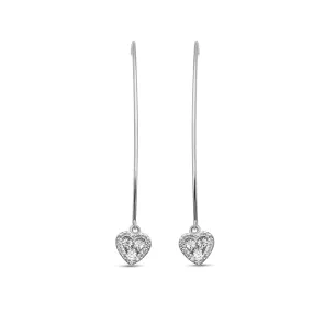 Jewelili 10K White Gold 1/10 CTTW Natural White Round Diamonds Heart Drop Earrings