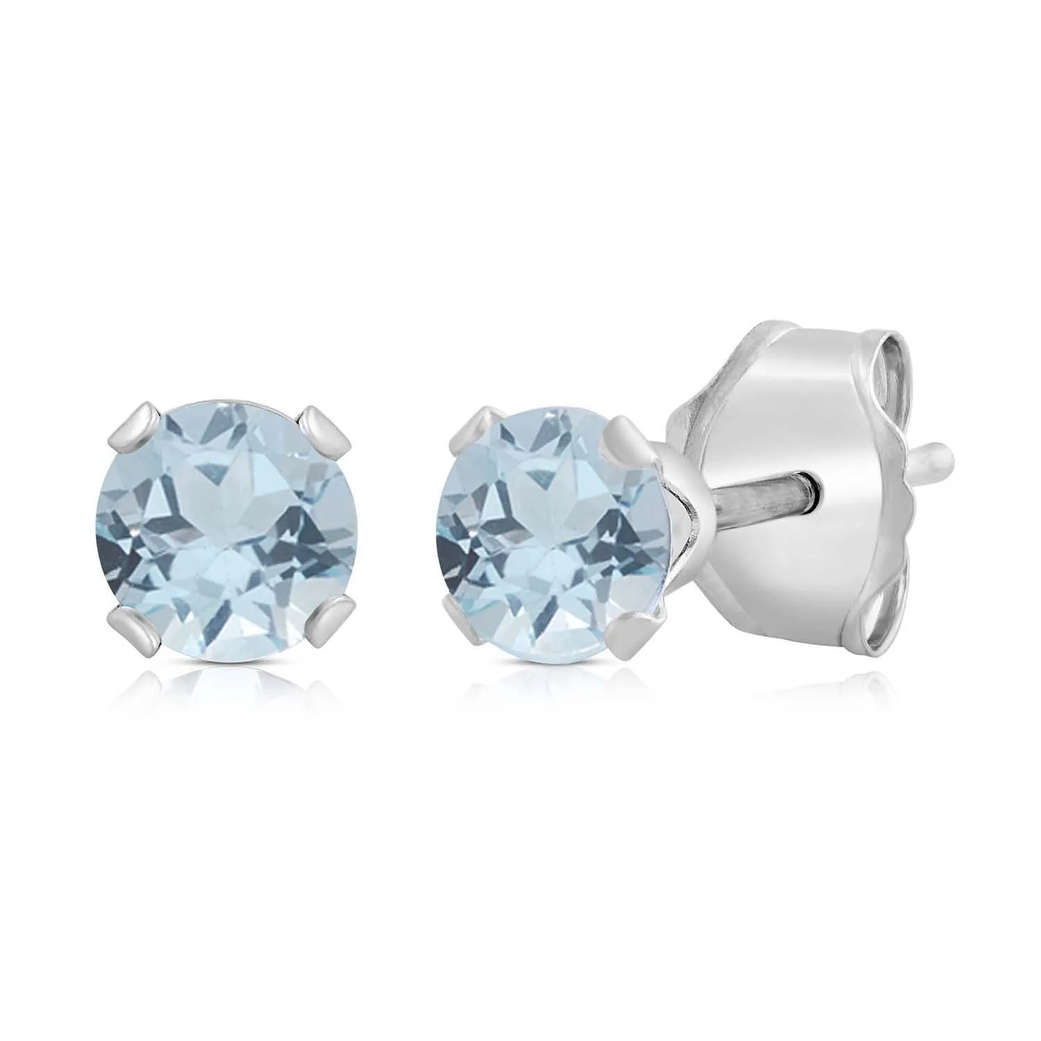 Jewelili 10K White Gold with Round Shape Aquamarine Stud Earrings