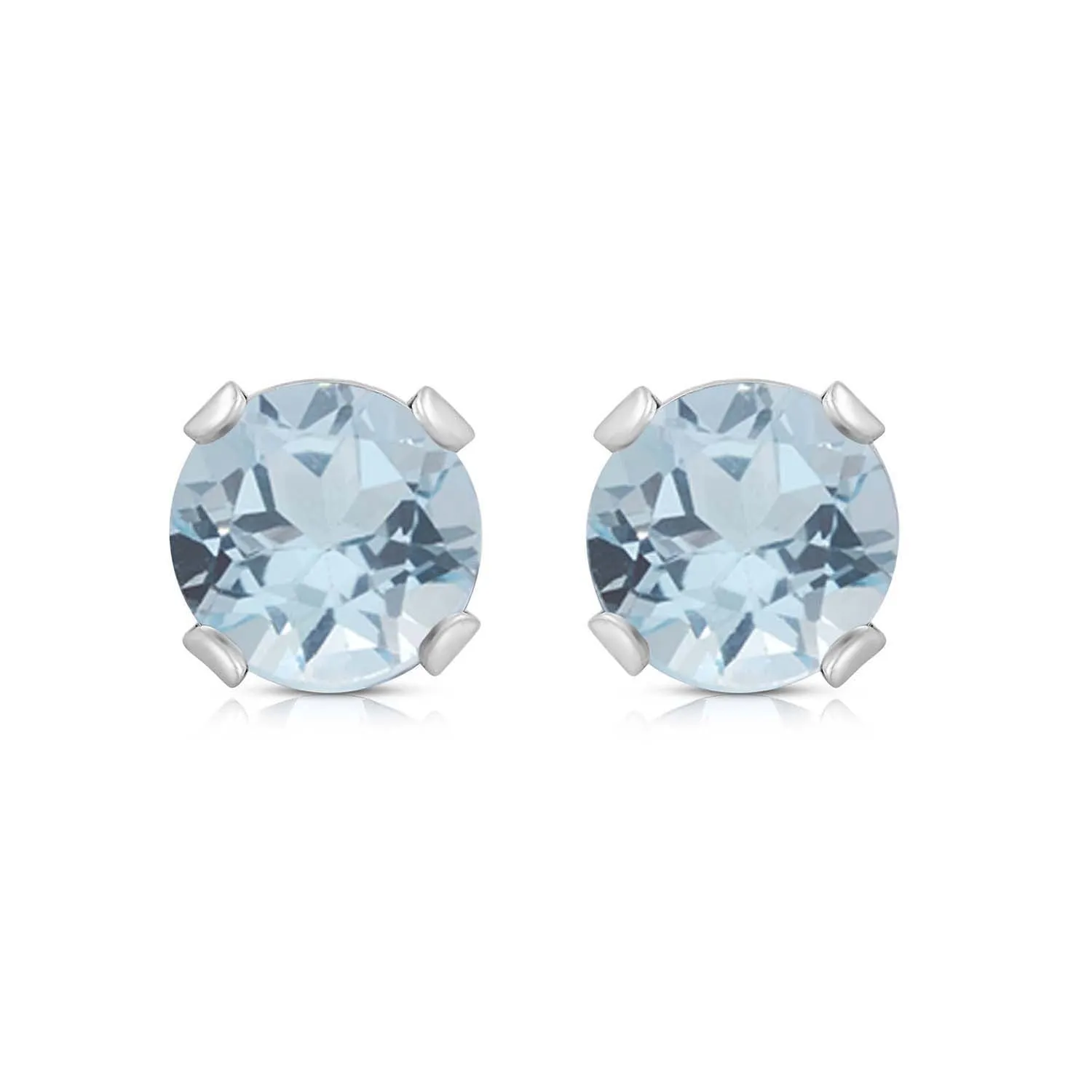 Jewelili 10K White Gold with Round Shape Aquamarine Stud Earrings