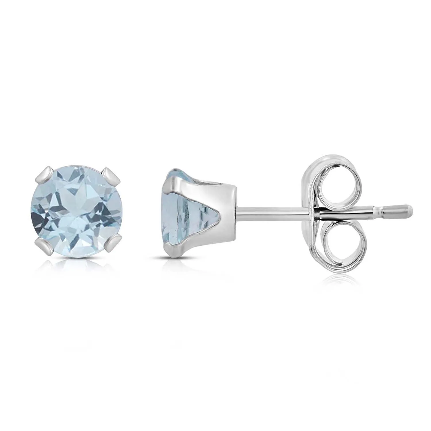 Jewelili 10K White Gold with Round Shape Aquamarine Stud Earrings