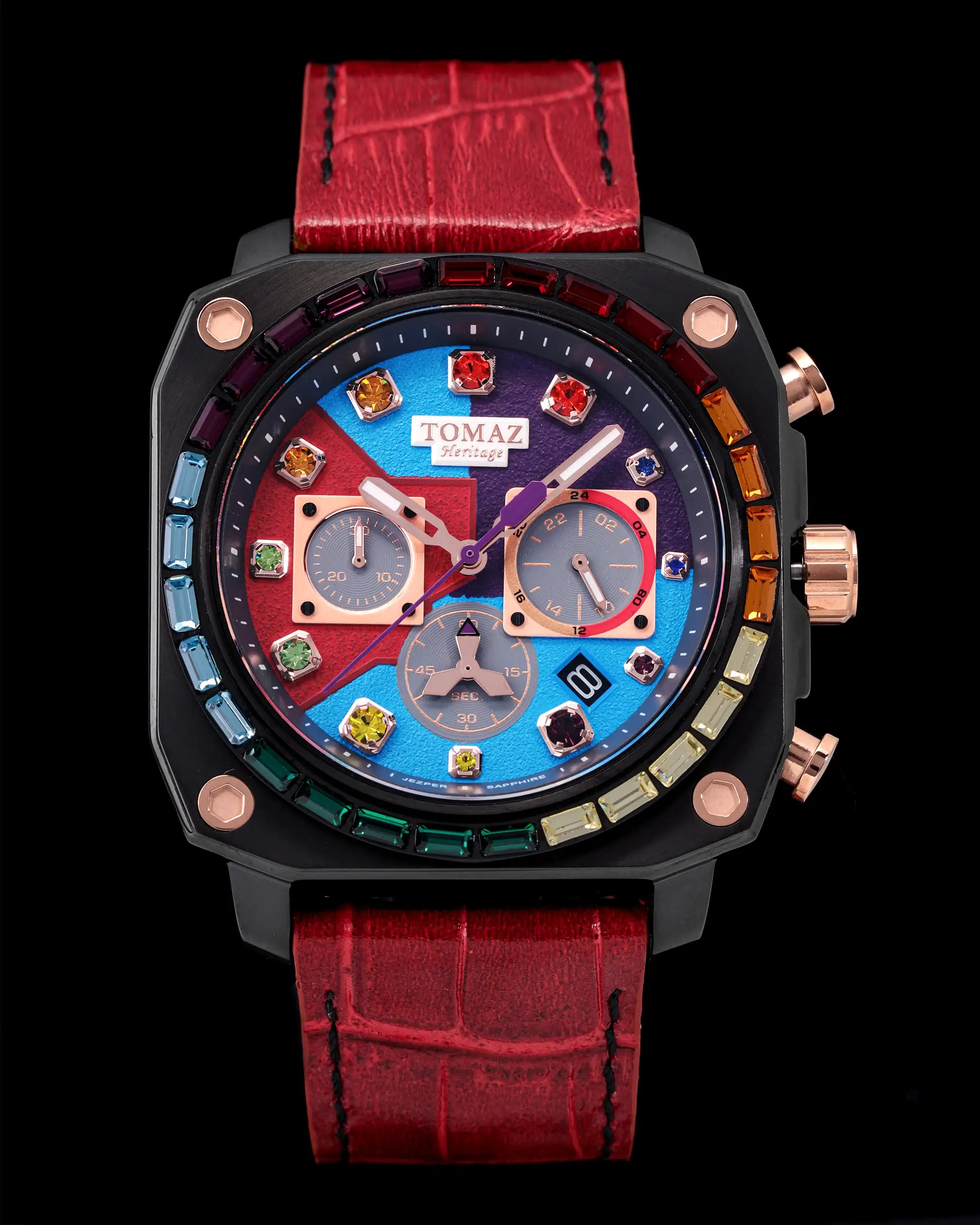 Jezper Iron Men Gauntlet TQ021C-D2 (Black) with Rainbow Swarovski (Red Leather Strap))