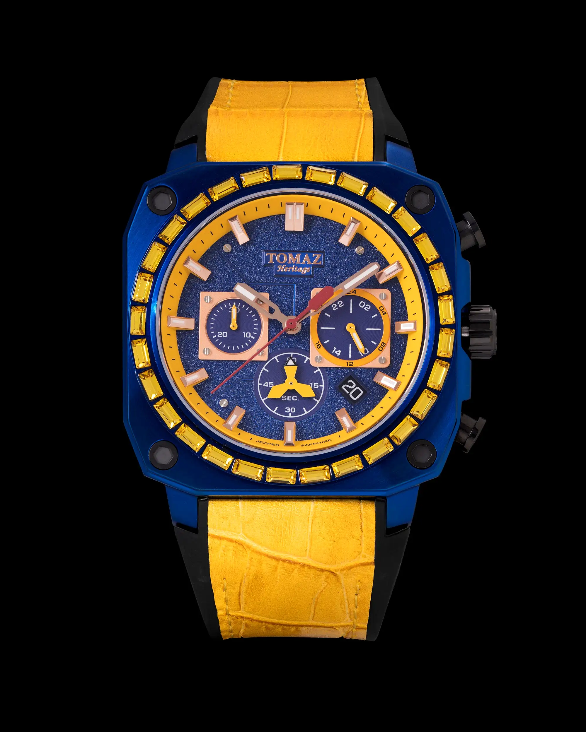 Jezper TQ021B-D10A (Blue) with Yellow Swarovski (Yellow Bamboo Leather Strap)