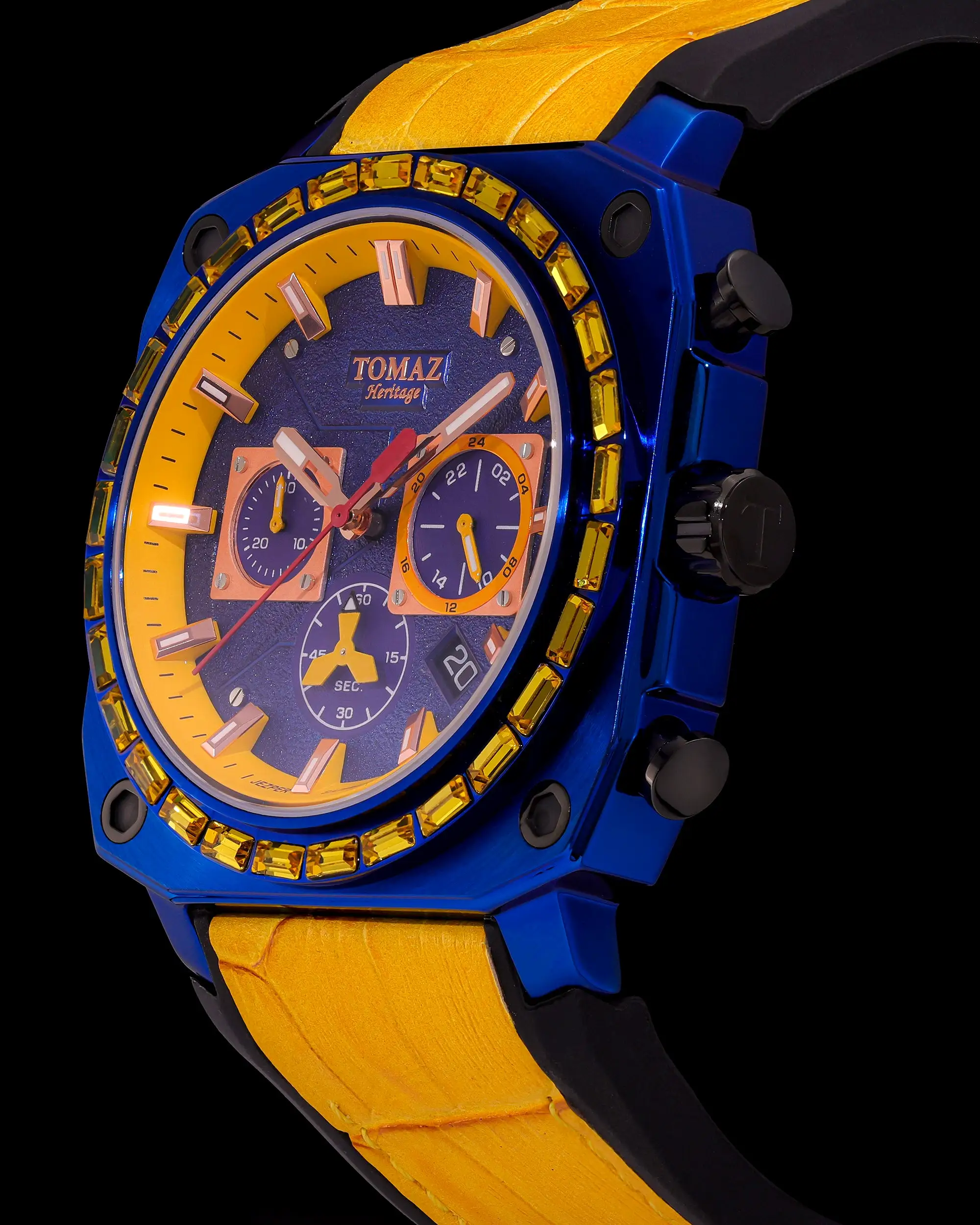 Jezper TQ021B-D10A (Blue) with Yellow Swarovski (Yellow Bamboo Leather Strap)