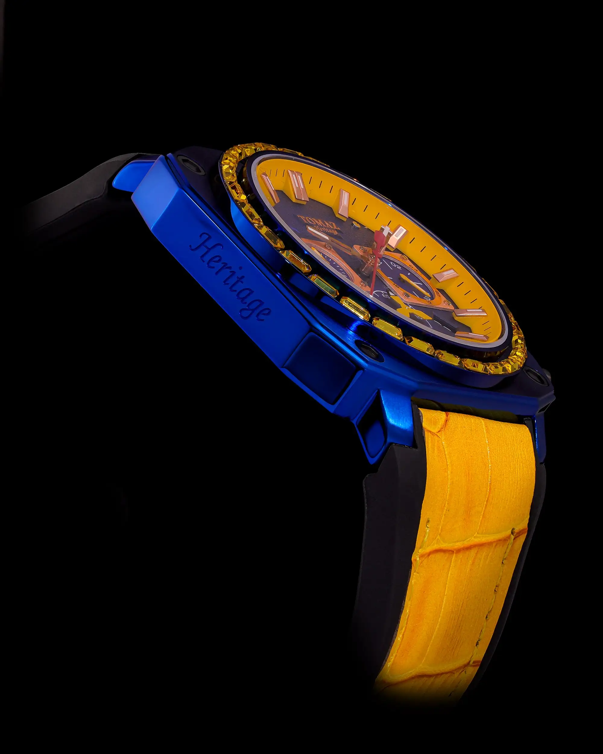 Jezper TQ021B-D10A (Blue) with Yellow Swarovski (Yellow Bamboo Leather Strap)