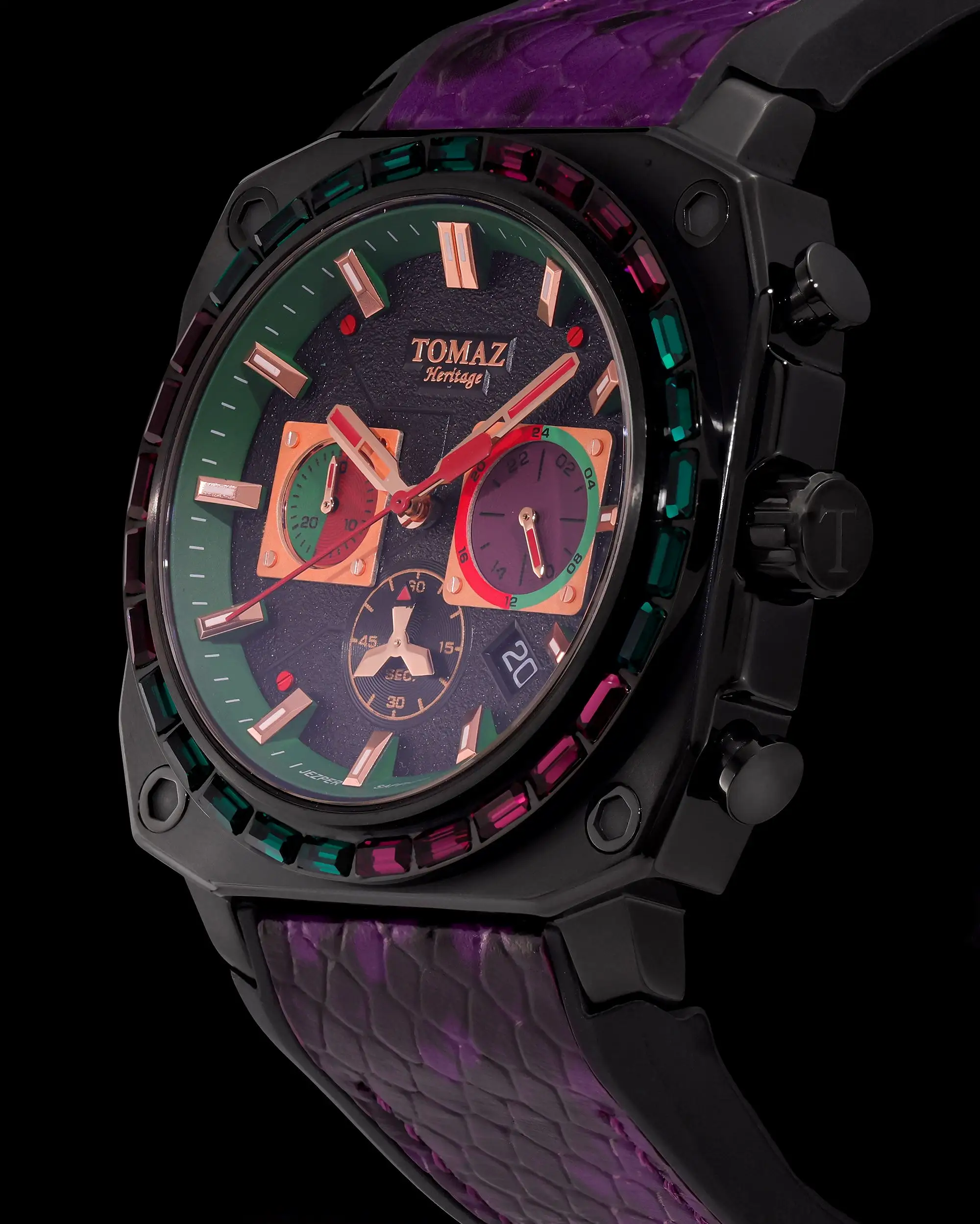 Jezper TQ021B-D11 (Black) with Purple Green Swarovski (Purple Salmon Rubber Strap)