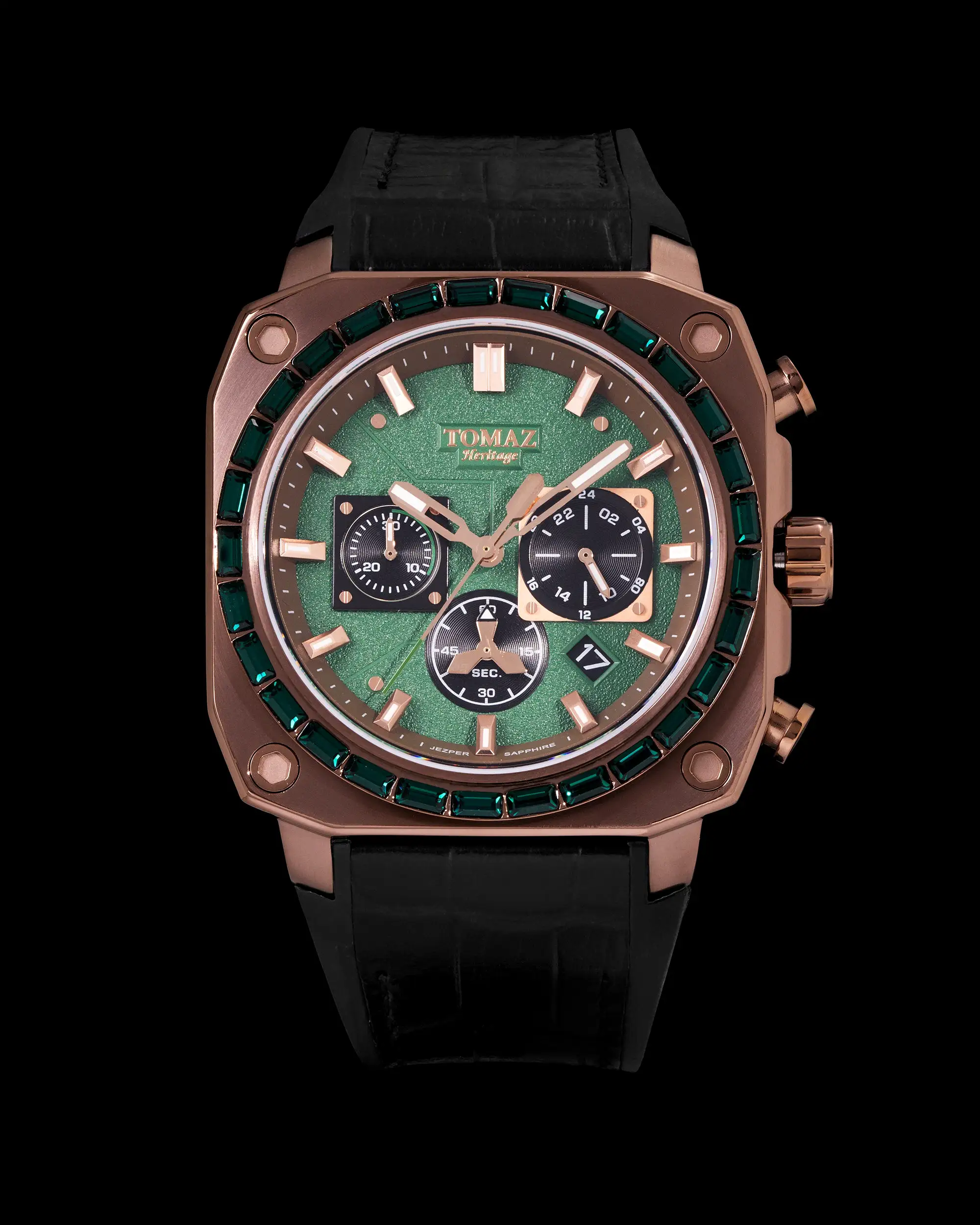 Jezper TQ021B-D4 (Coffee) with Green Swarovski (Black Rubber Strap)