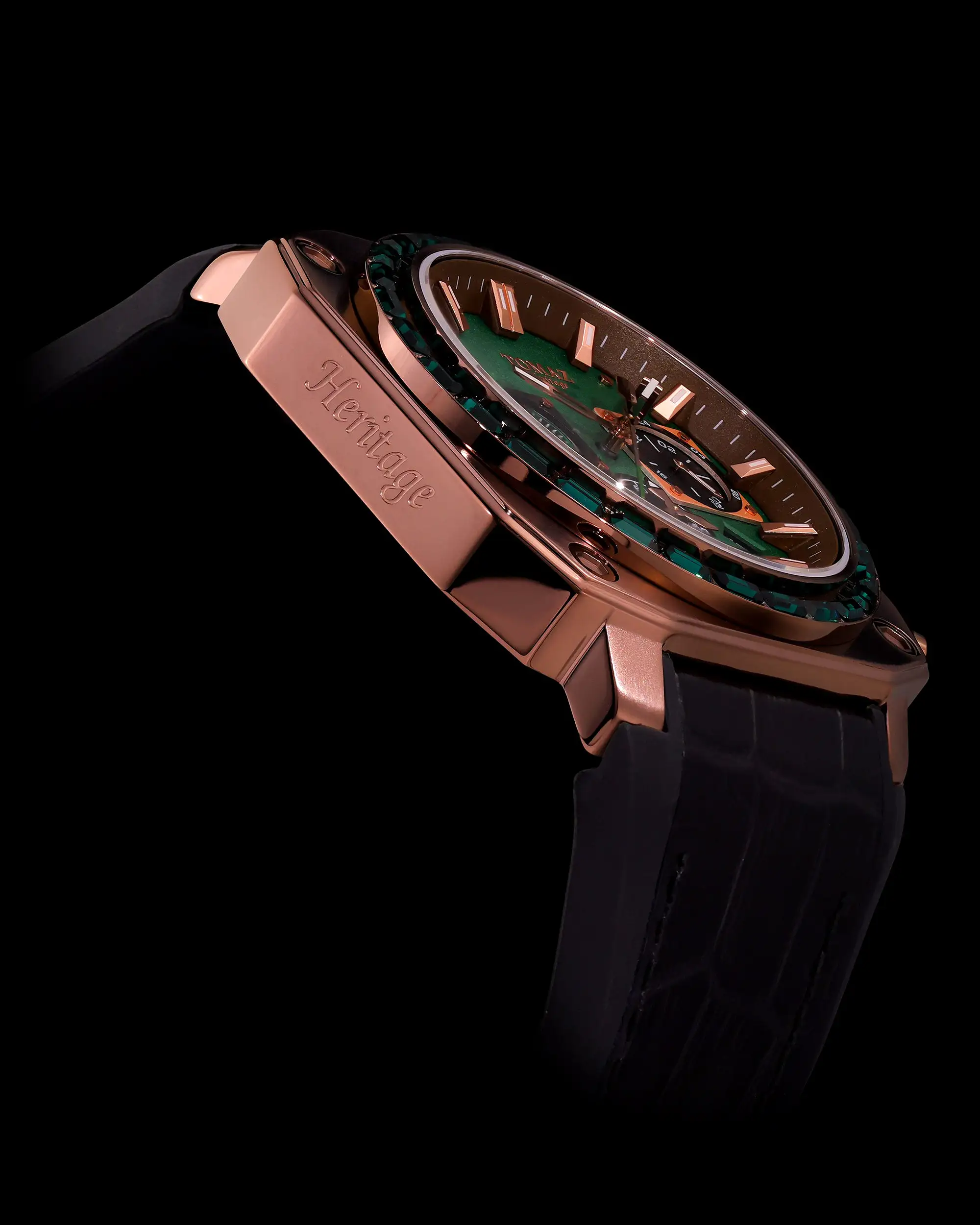 Jezper TQ021B-D4 (Coffee) with Green Swarovski (Black Rubber Strap)