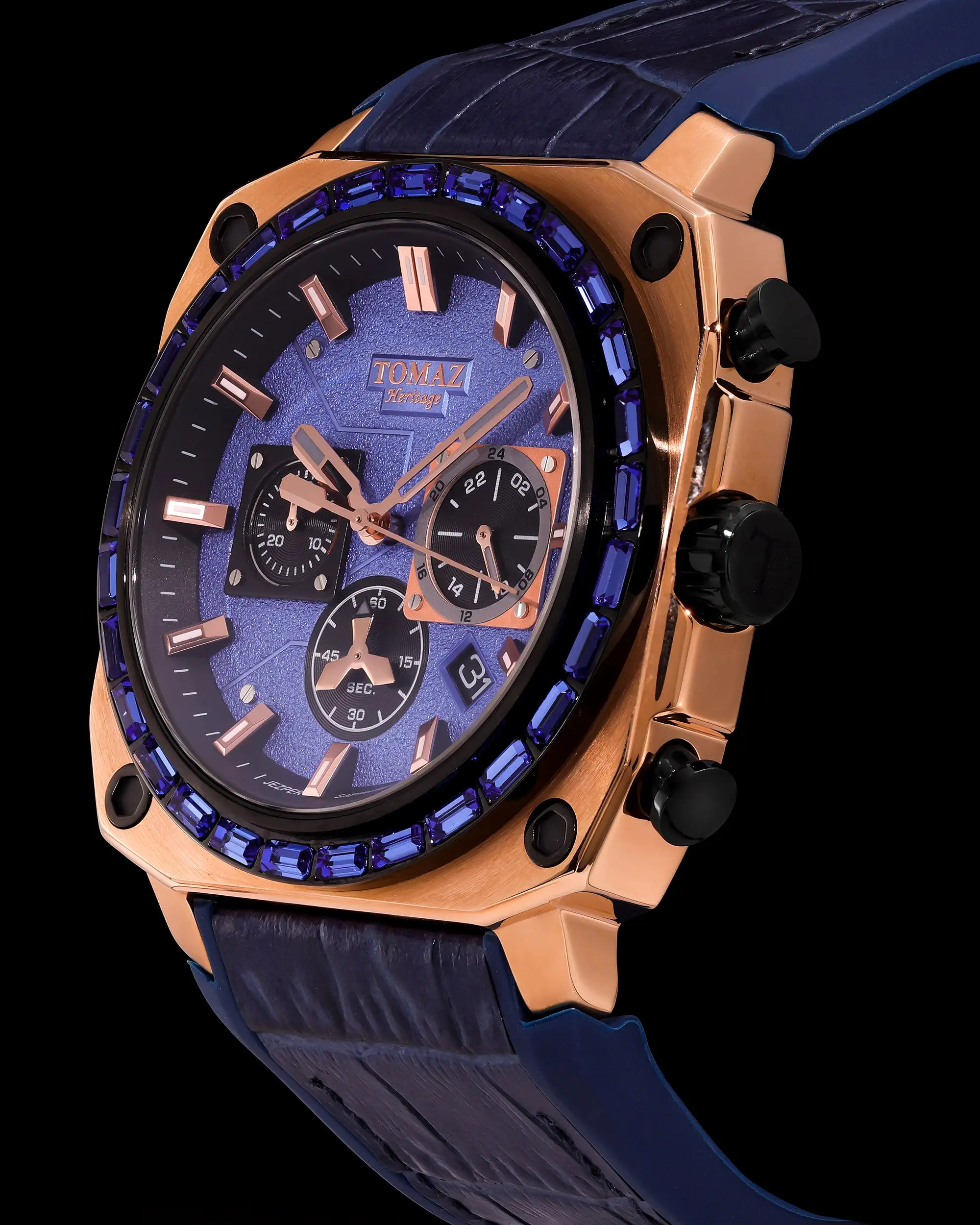 Jezper TQ021B-D6 (Rosegold/Blue) with Blue Swarovski (Blue Bamboo Rubber Strap)