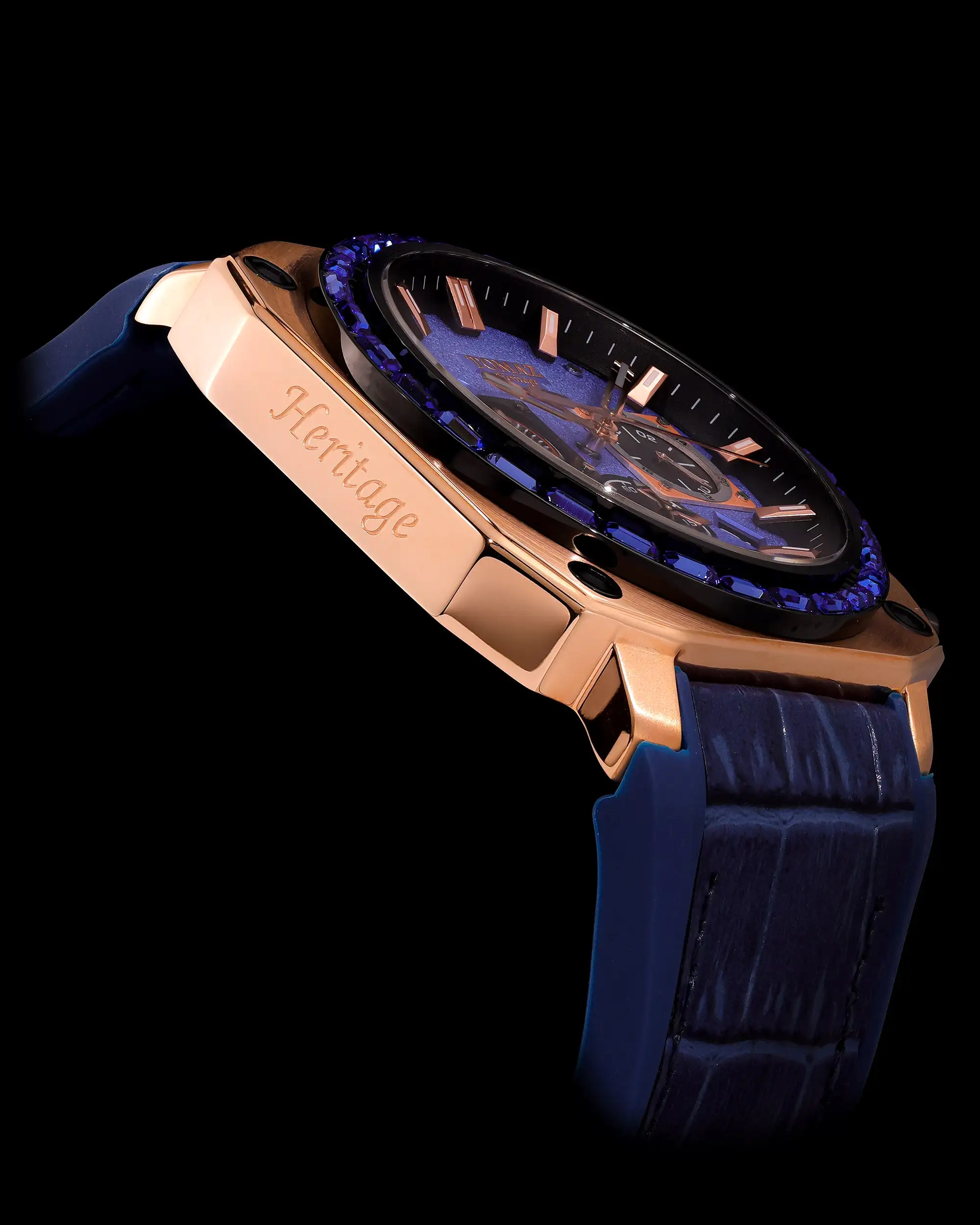 Jezper TQ021B-D6 (Rosegold/Blue) with Blue Swarovski (Blue Bamboo Rubber Strap)