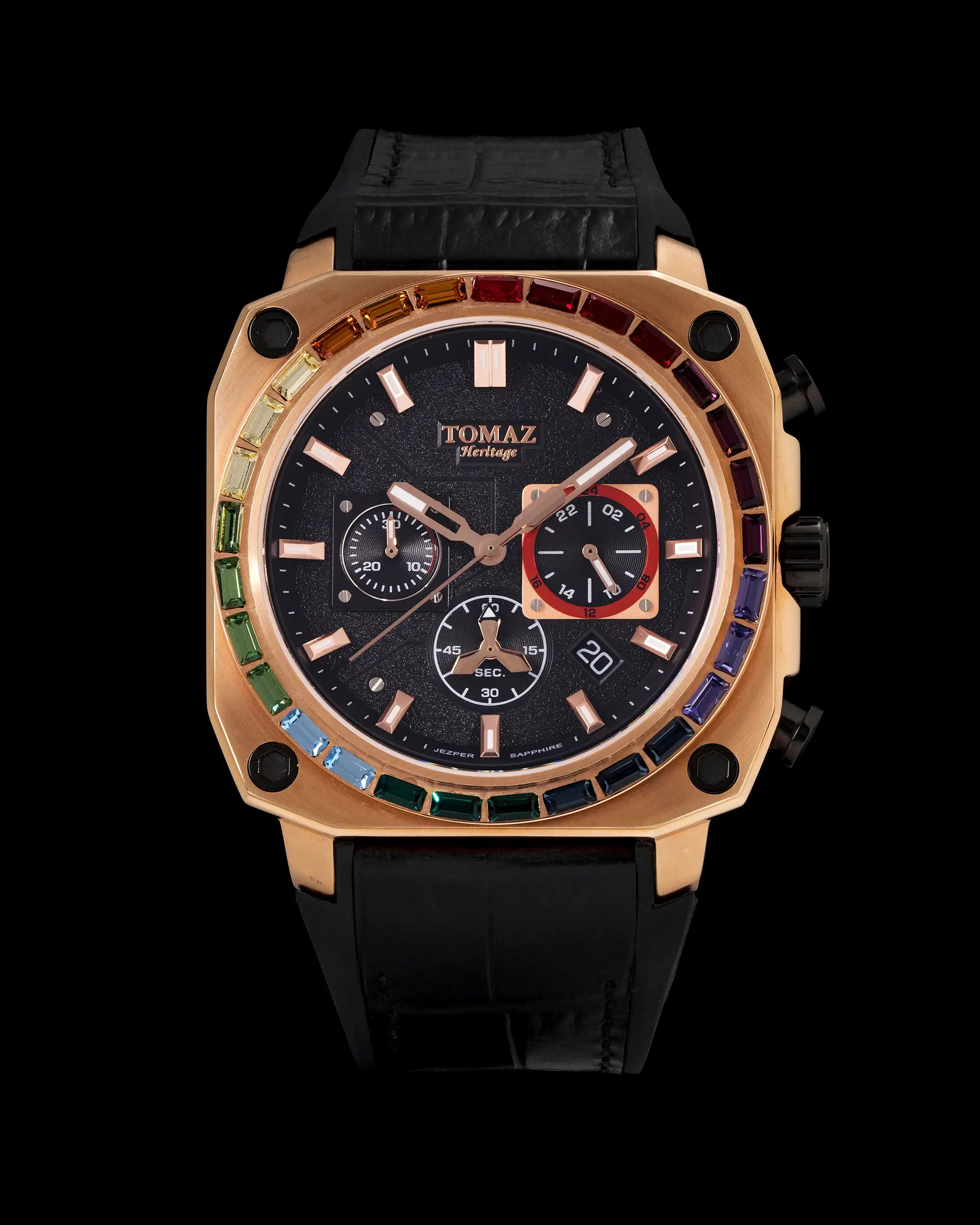 Jezper TQ021B-D8 (Rosegold) with Rainbow Swarovski (Black Bamboo Rubber Strap)