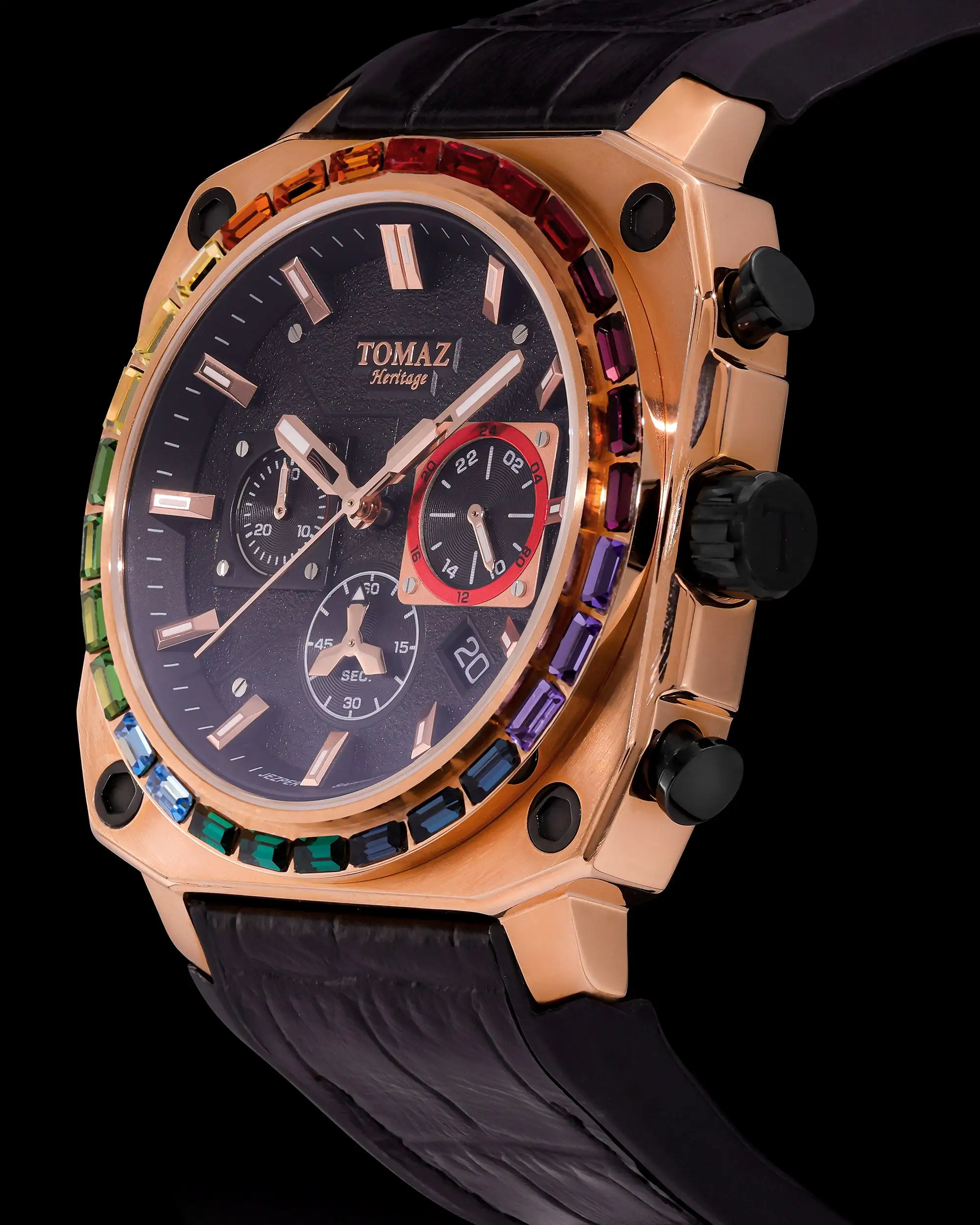 Jezper TQ021B-D8 (Rosegold) with Rainbow Swarovski (Black Bamboo Rubber Strap)