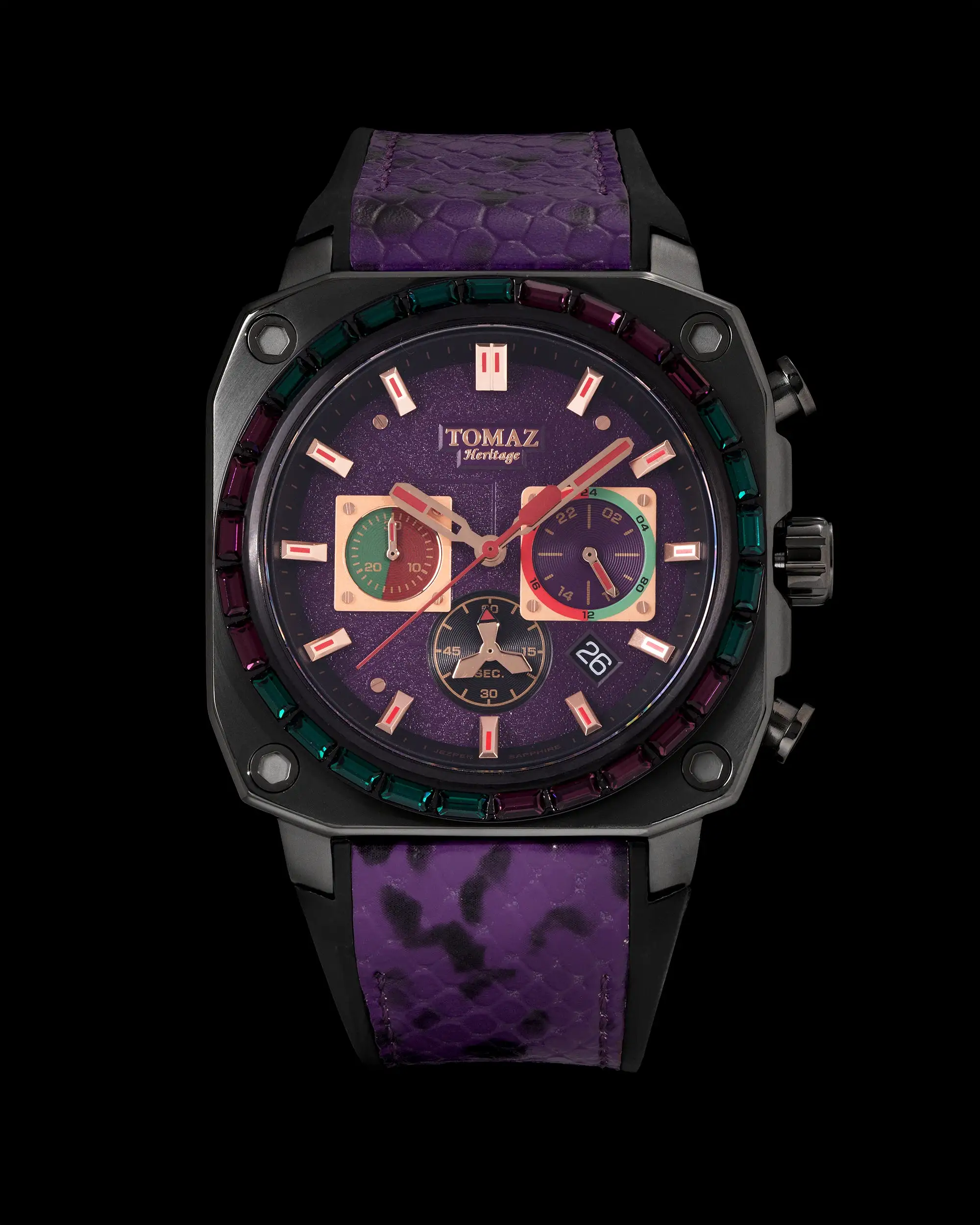 Jezper TQ021B-D9 (Black/Purple) with Purple Green Swarovski (Purple Salmon Rubber Strap)