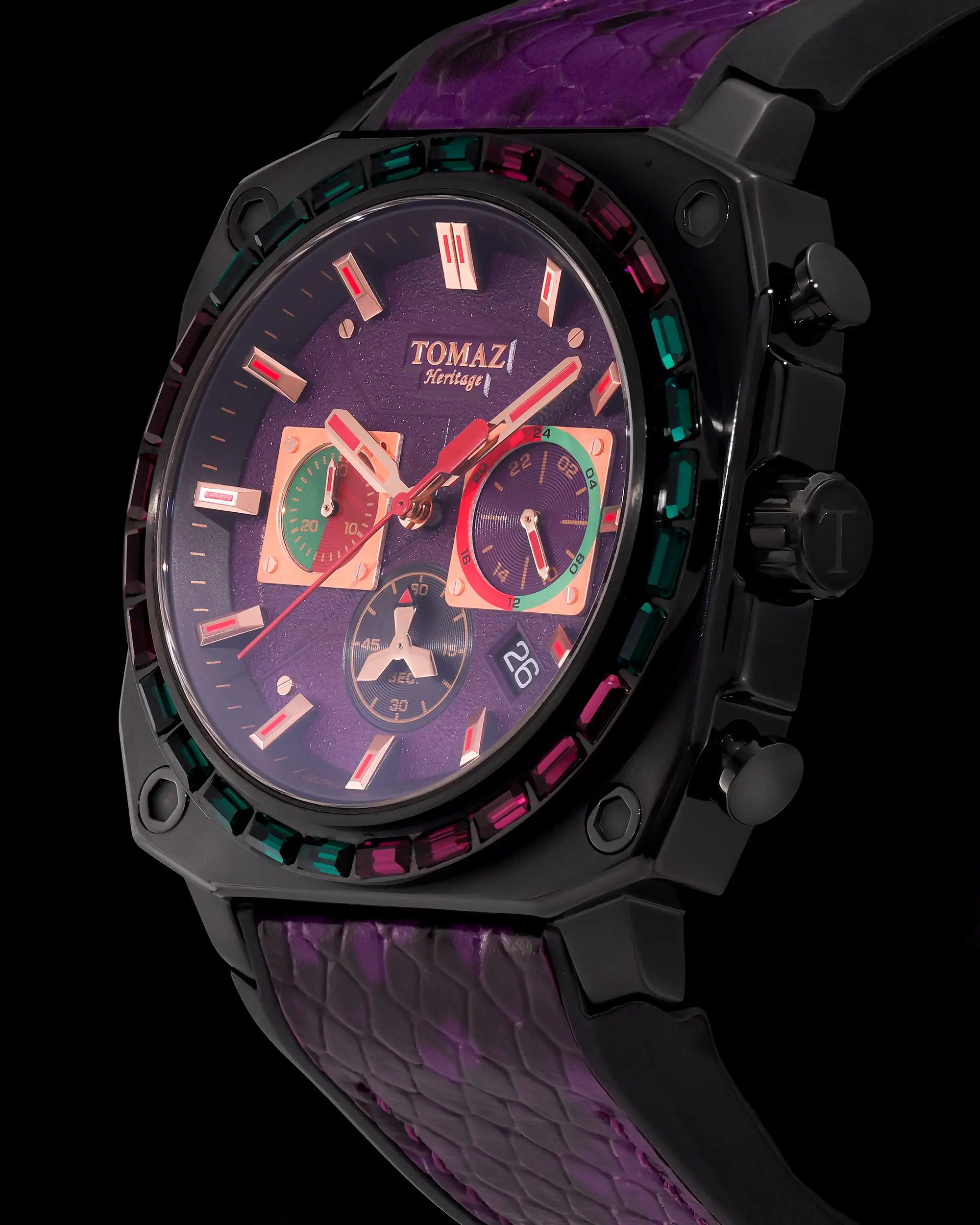 Jezper TQ021B-D9 (Black/Purple) with Purple Green Swarovski (Purple Salmon Rubber Strap)