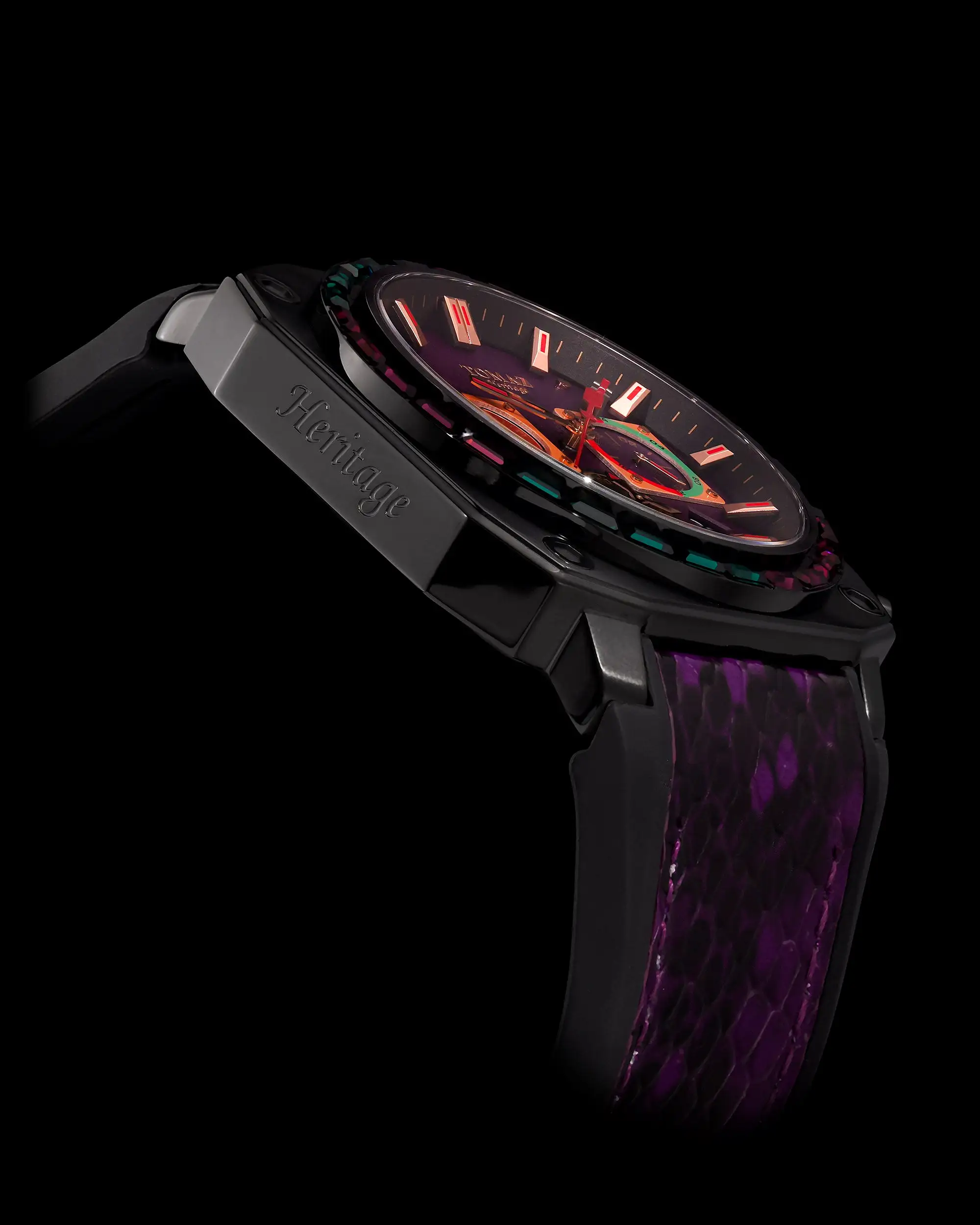 Jezper TQ021B-D9 (Black/Purple) with Purple Green Swarovski (Purple Salmon Rubber Strap)