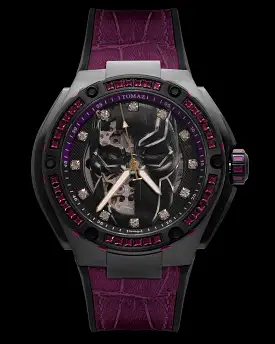 Marvel Black Panther TW037K-D1 (Metal Gun/Black) with Purple Swarovski Crystal (Purple Silicone with Leather Bamboo Strap)