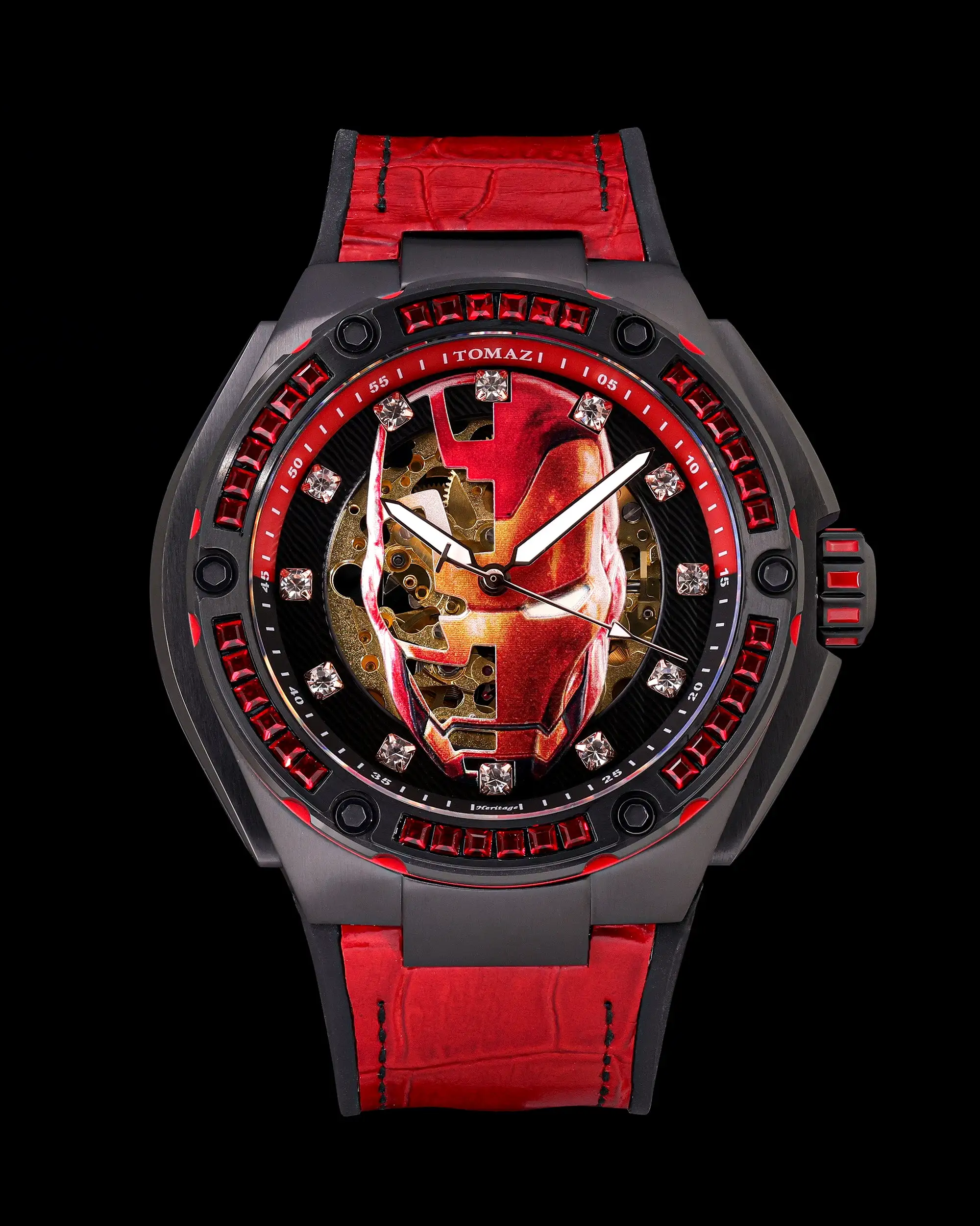 Marvel Iron Man TW037A-D3 (Black/Red) with Red Swarovski Crystal (Red Silicone with Leather Bamboo Strap)