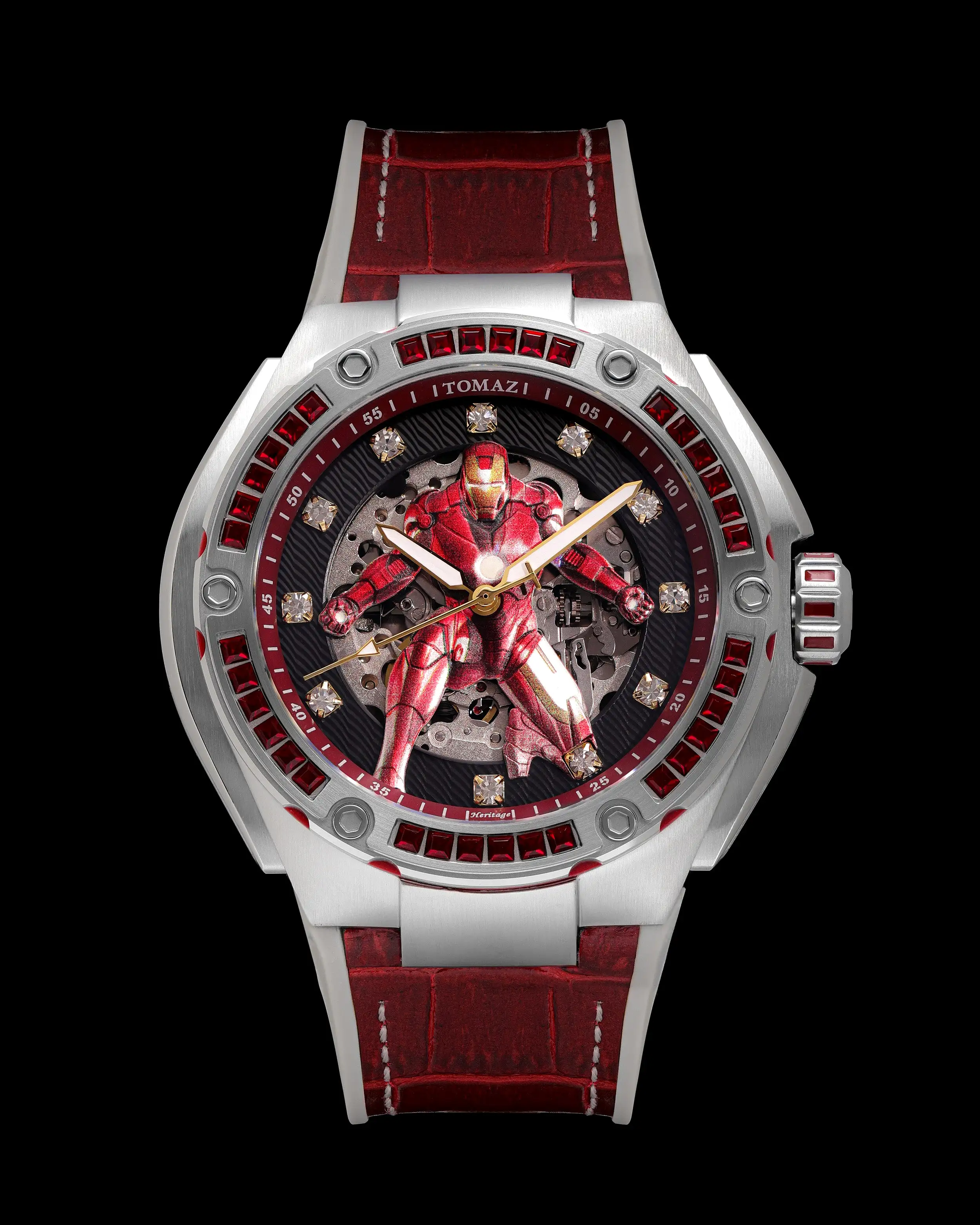 Marvel Iron Man TW037A-D4 (Silver/Red) with Red Swarovski Crystal (Red/Gray Silicone with Leather Bamboo Strap)