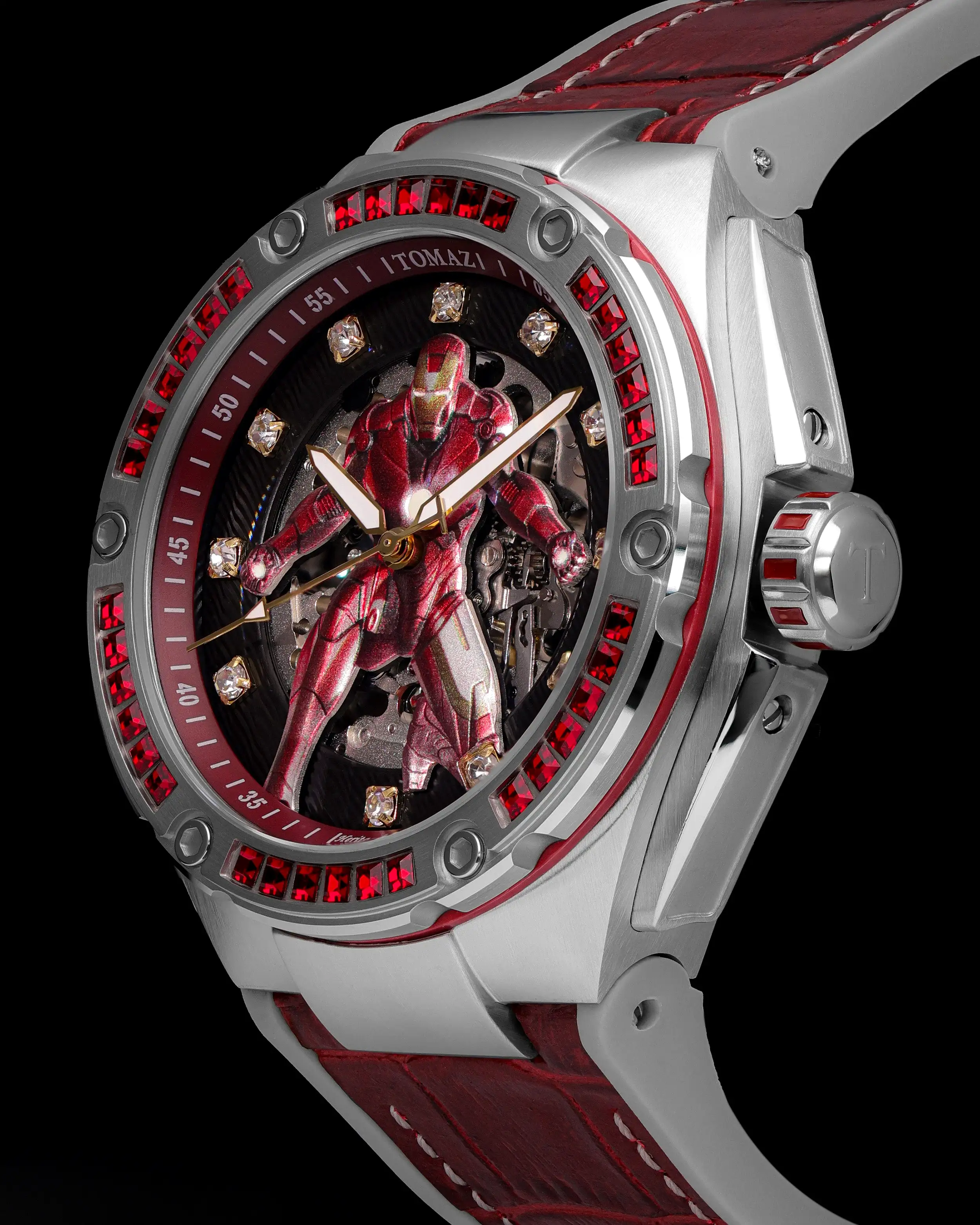 Marvel Iron Man TW037A-D4 (Silver/Red) with Red Swarovski Crystal (Red/Gray Silicone with Leather Bamboo Strap)