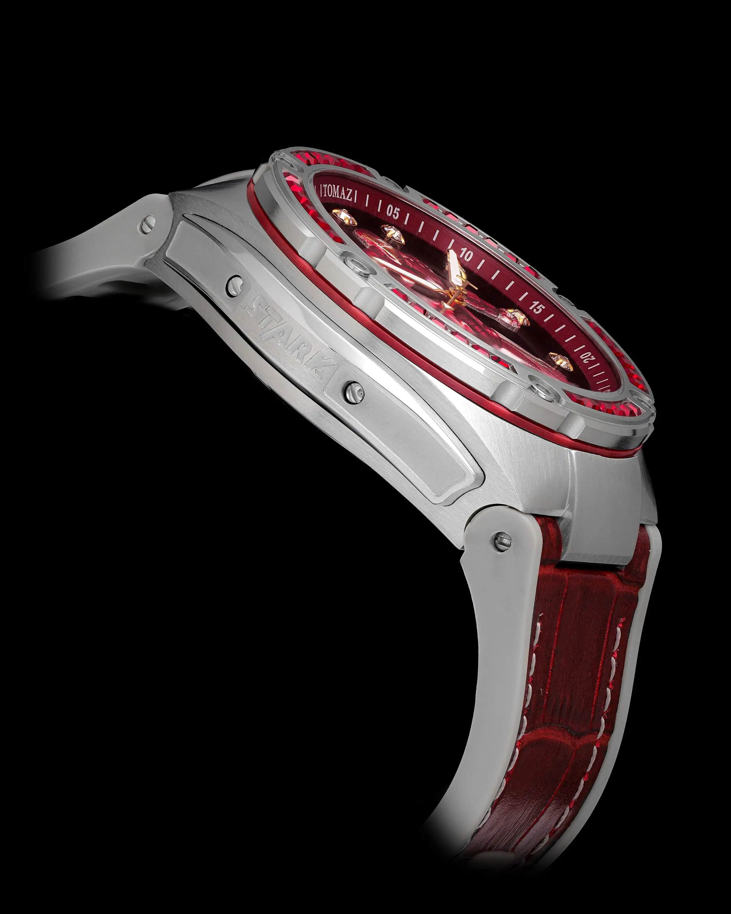 Marvel Iron Man TW037A-D4 (Silver/Red) with Red Swarovski Crystal (Red/Gray Silicone with Leather Bamboo Strap)