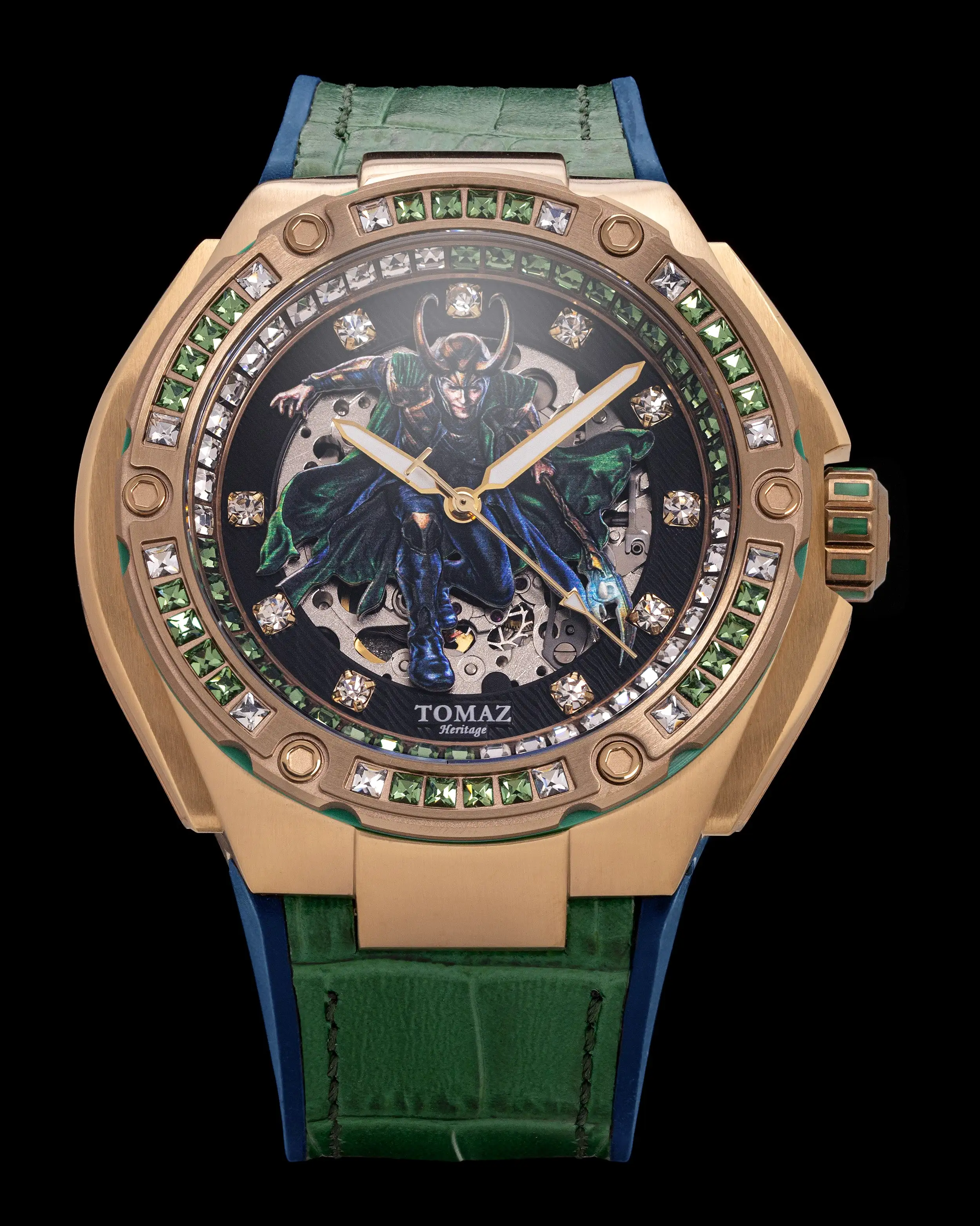 Marvel Loki TW037-CD2 (Rosegold/Black) with Green White Swarovski Crystal (Green Leather Bamboo with Silicone Strap)