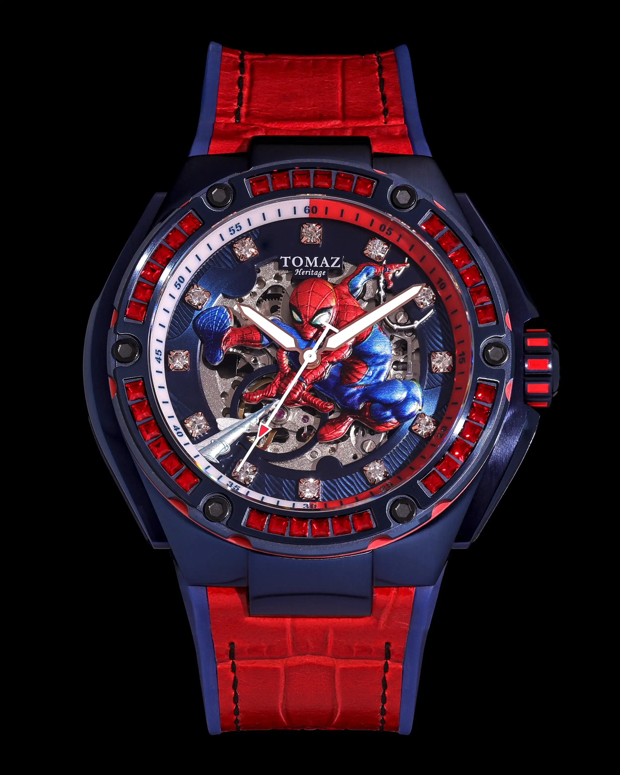 Marvel Spider-Man TW037M-D1 (Navy/Red) with Red Swarovski Crystal (Red Silicone with Leather Bamboo Strap)