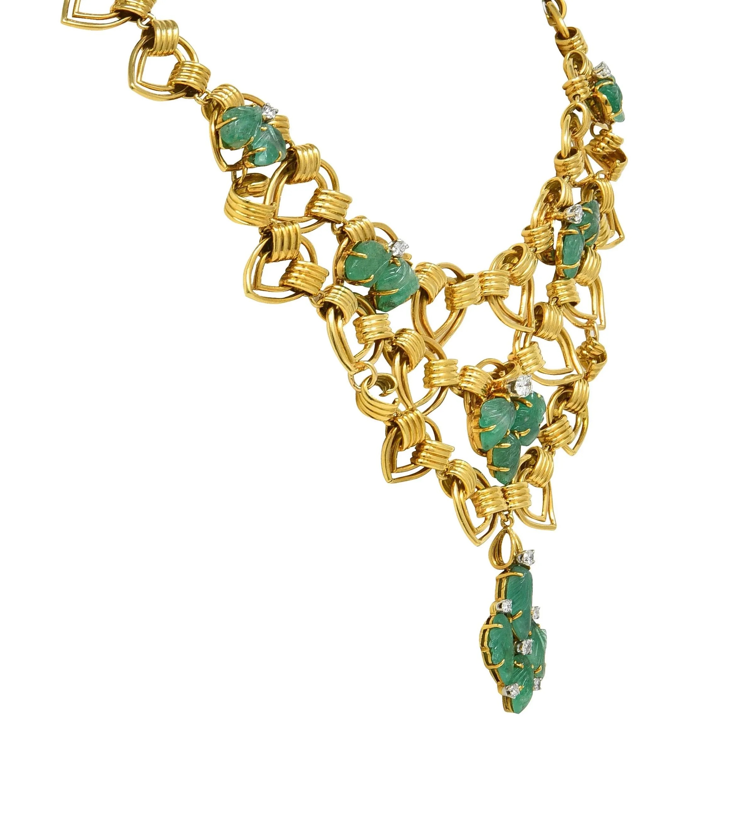 Mid-Century Diamond Carved Emerald 18 Karat Yellow Gold Tiered Vintage Necklace