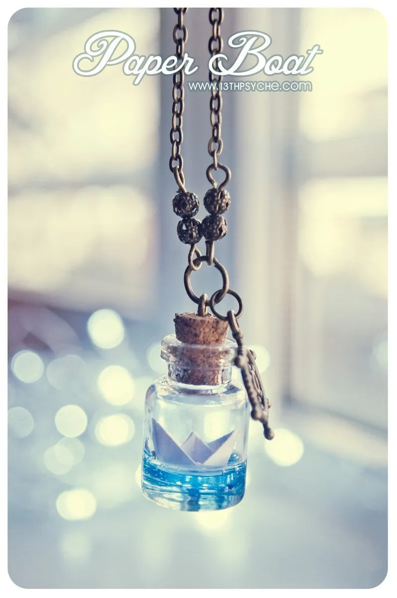 Origami paper boat bottle pendant necklace