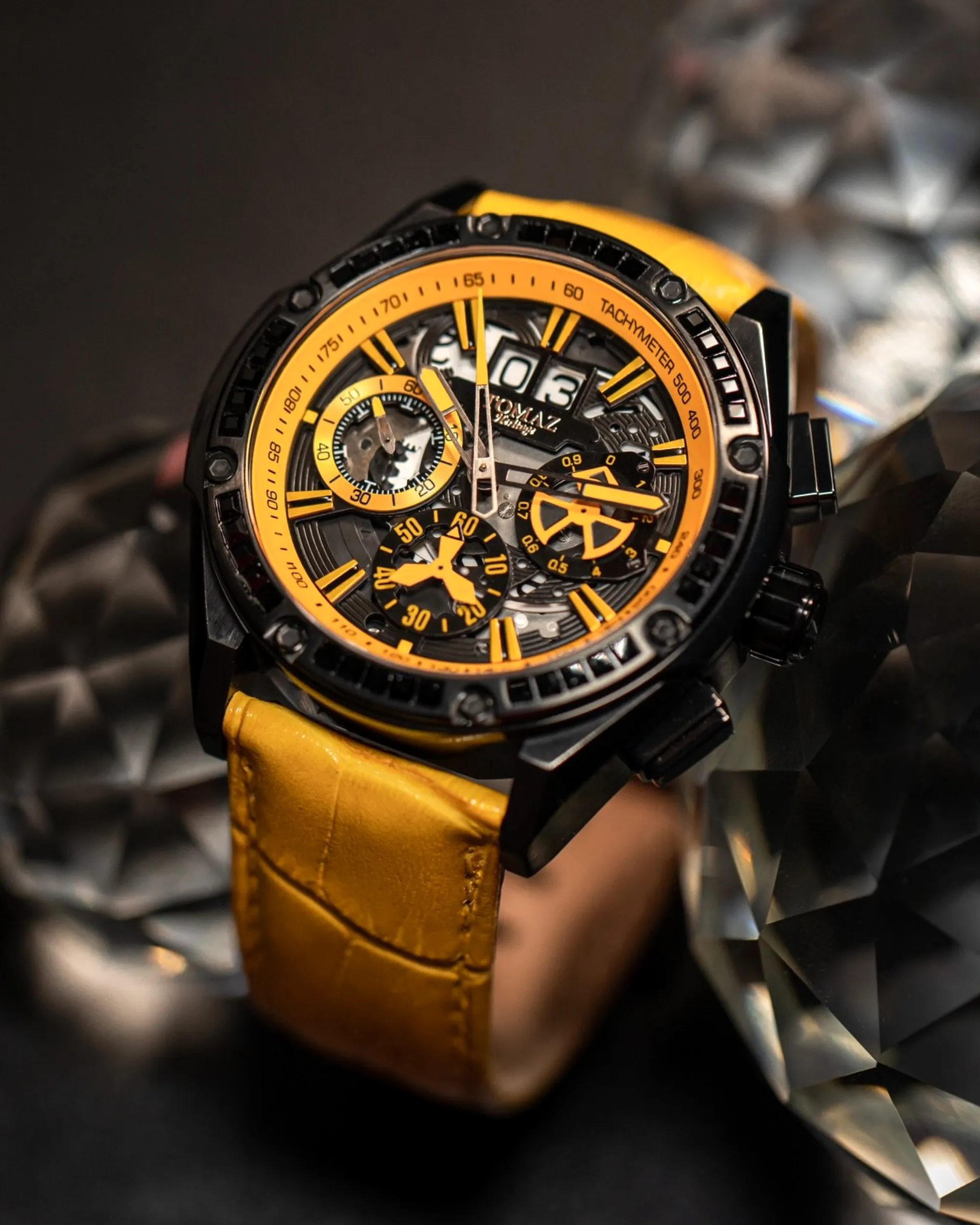 RAWR iii TW024A-D3 (Black/Yellow) with Yellow Swarovski (Yellow Bamboo Leather Strap)