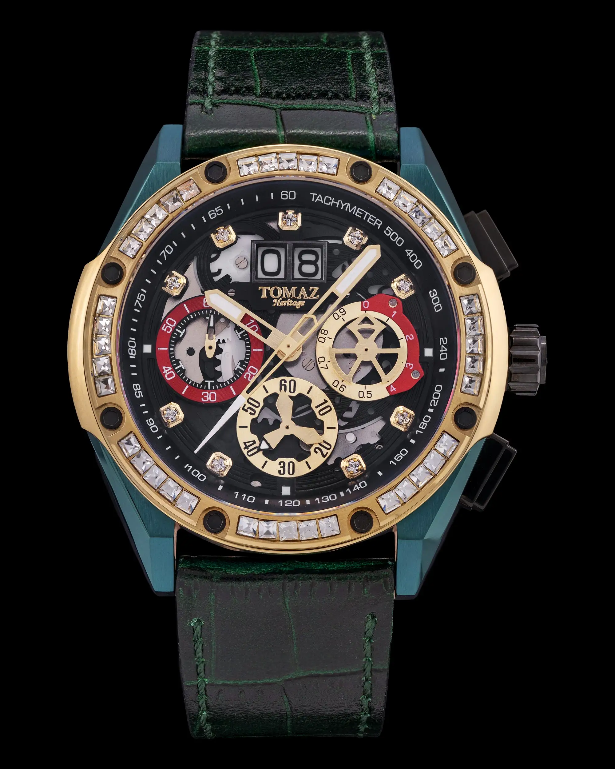 RAWR III TW024E-D9 (Green/Gold/Black) with White Swarovski (Green Bamboo Leather Strap)