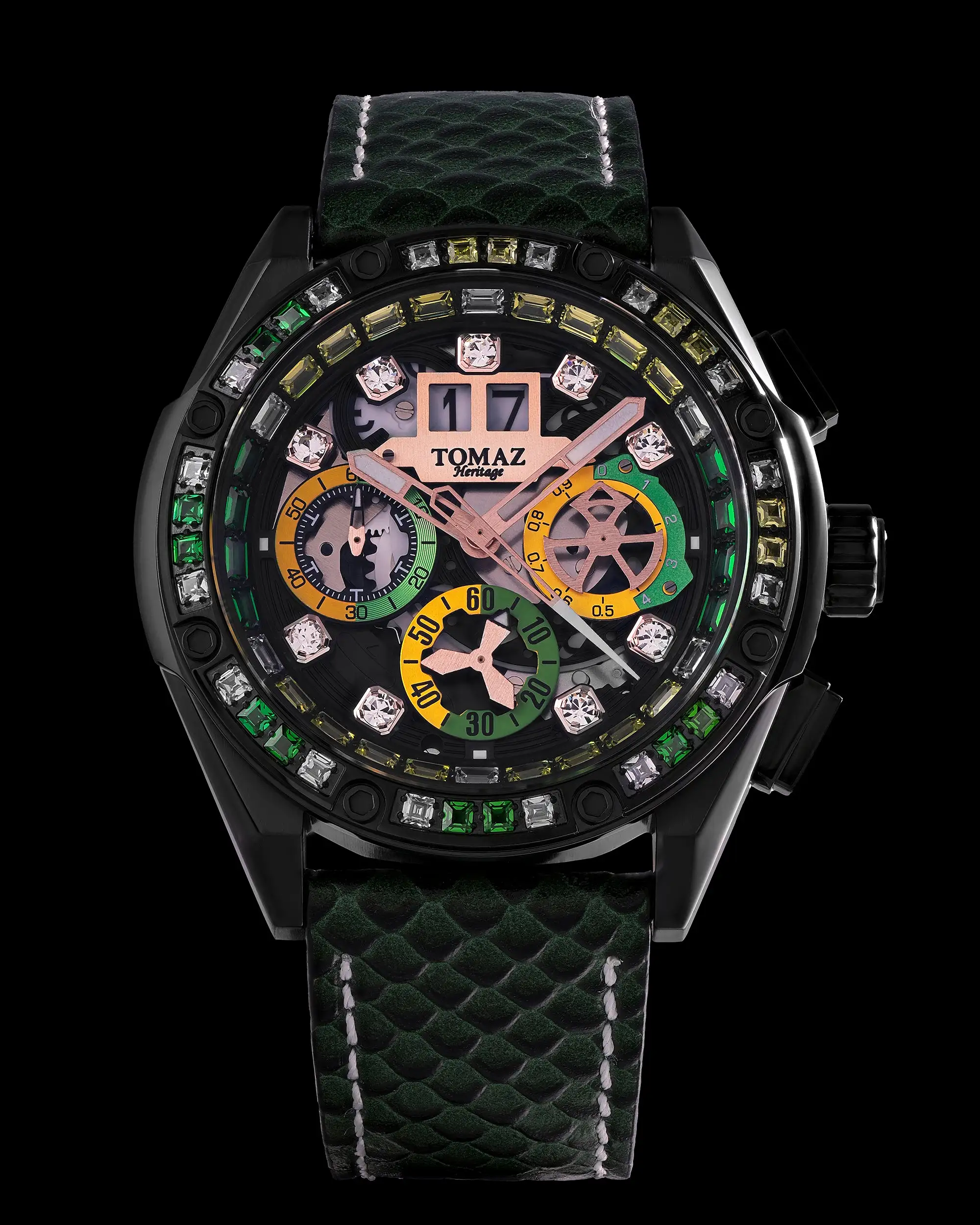 RAWR III TW024F-D1 (Black) with Dark Green White Yellow Swarovski (Dark Green Salmon Leather Strap)