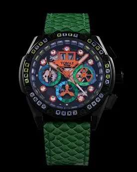 RAWR III TW024F-D12 (Black) with Green Blue Black Swarovski (Green Leather Strap)