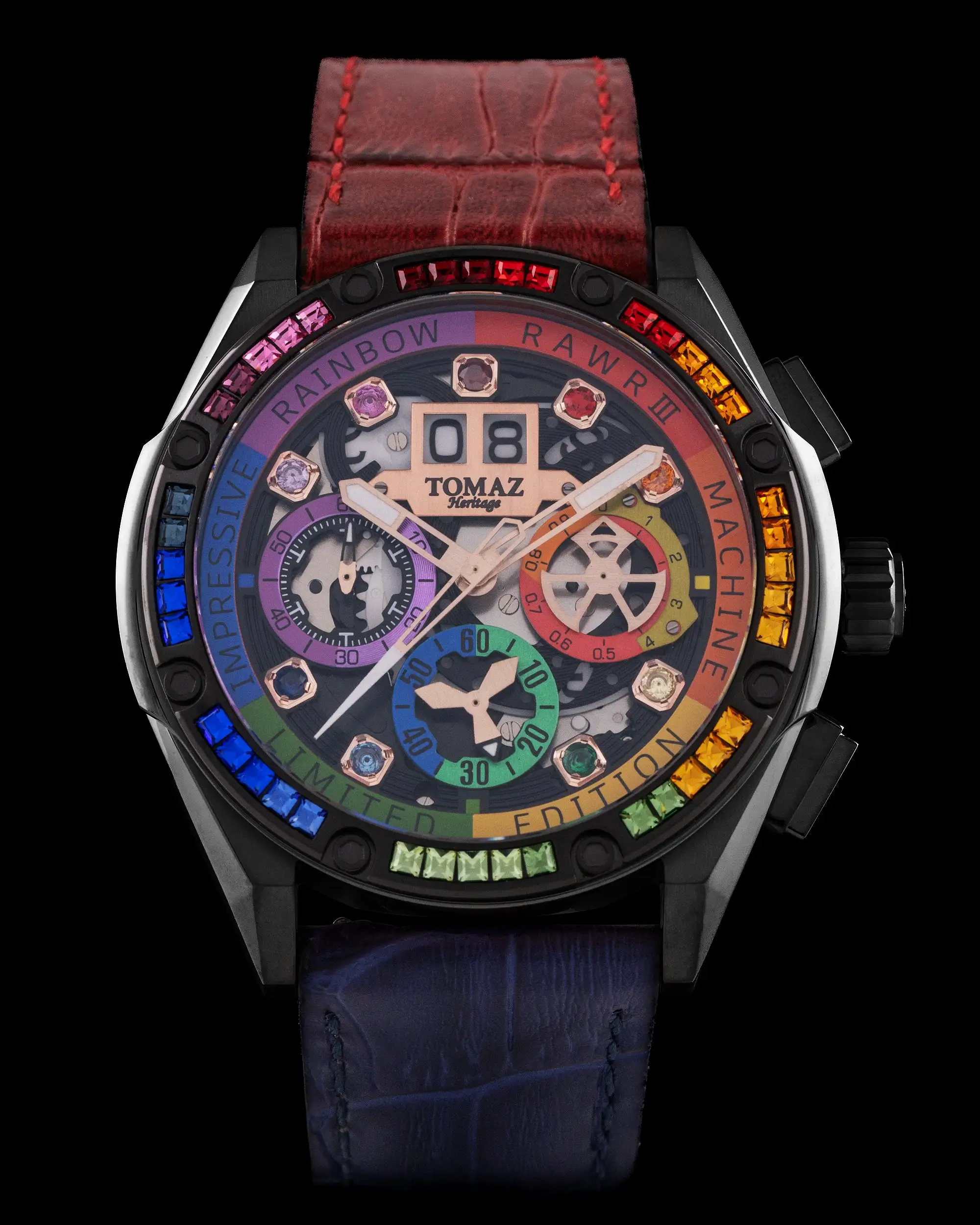 RAWR III TW024I-D2 (Black) with Rainbow Swarovski (Blue Bamboo Leather Strap)