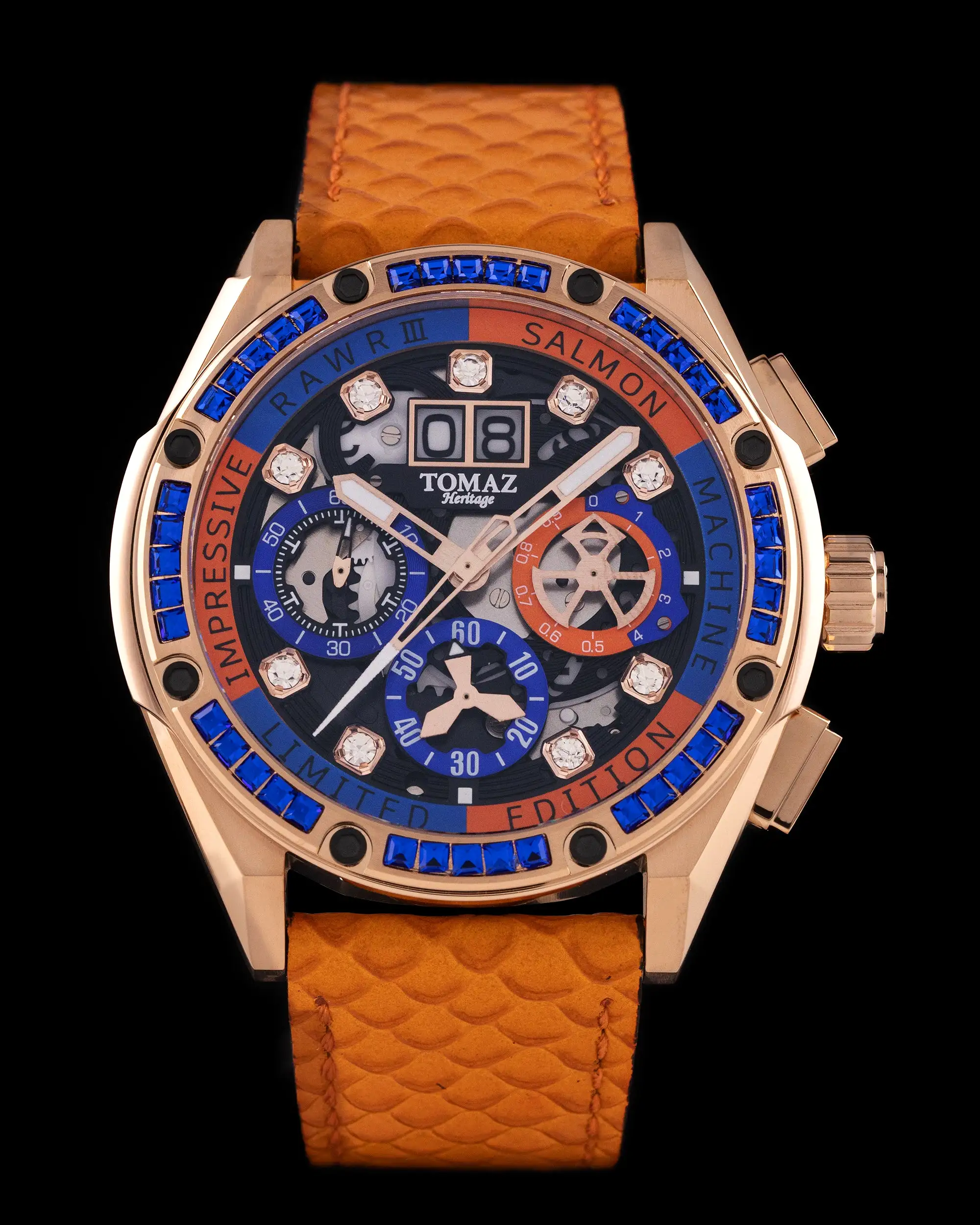 RAWR III TW024I-D8 (Rosegold) with Blue Swarovski (Orange Salmon Leather Strap)