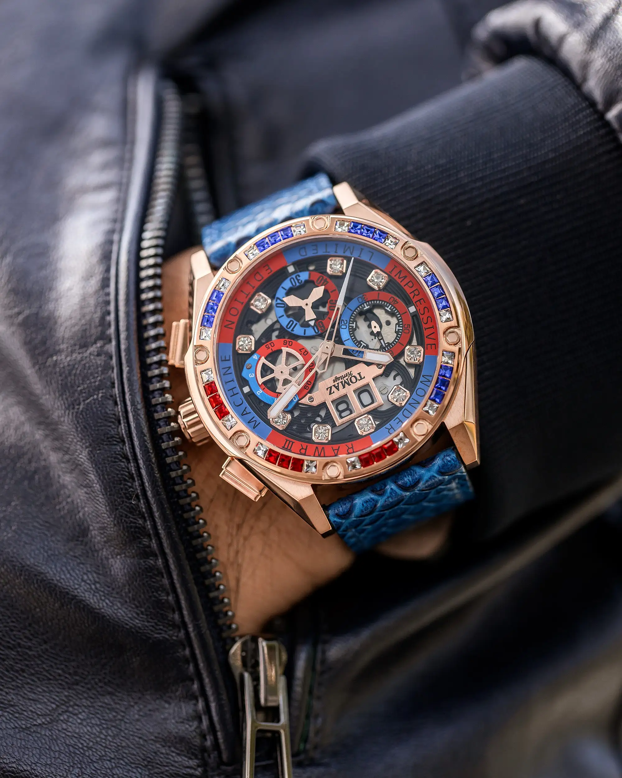 RAWR III TW024I-D9 (Rosegold) with Blue Red Swarovski (Blue Salmon Leather Strap)