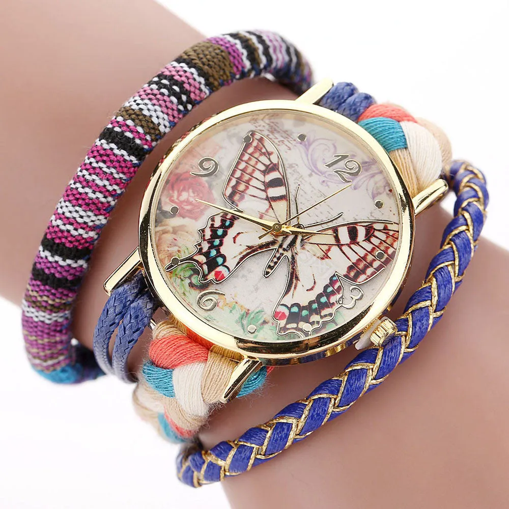 Relojes Mujer Women Dress Bracelet Watch Quarzt Clock Butterfly Weave Wound Wrap Wrist Watches Gift