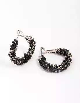 Rhodium Crushed Stone Hoop Earrings