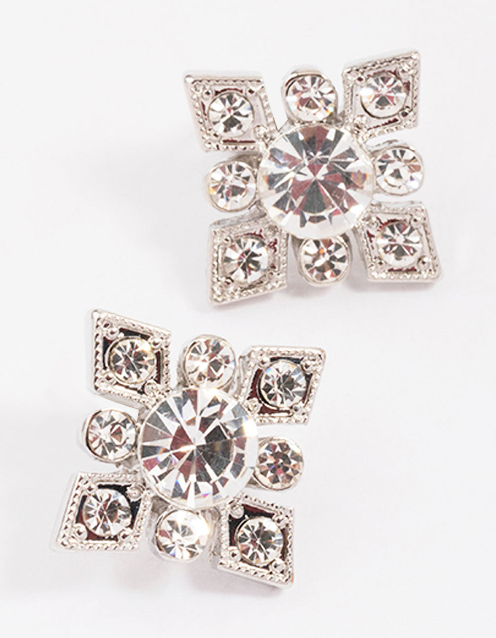 Rhodium Diamante Square Stud Earrings