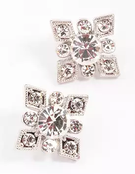 Rhodium Diamante Square Stud Earrings