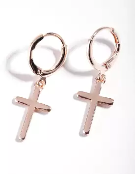 Rose Gold Fine Cross Huggie Earrings