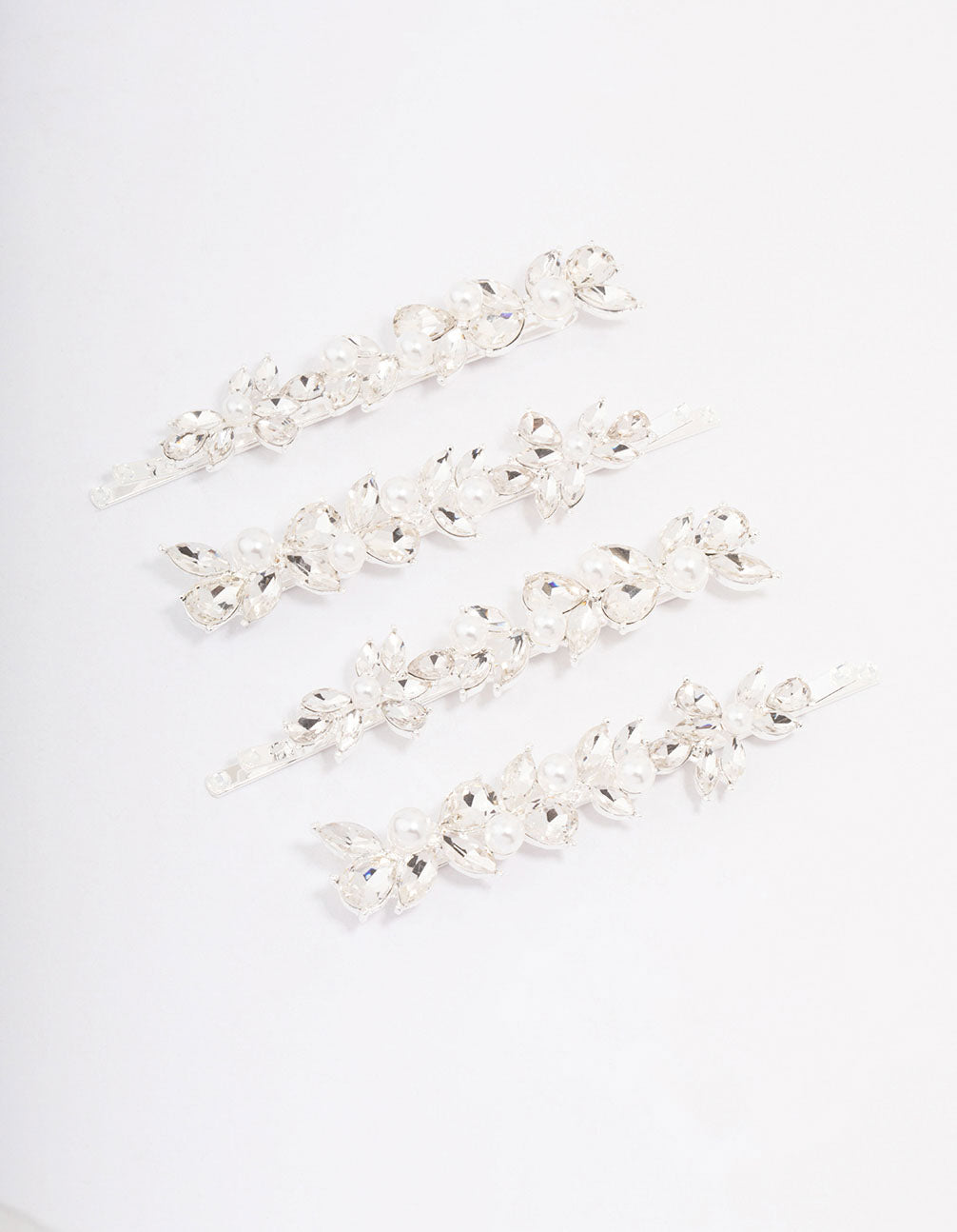 Silver Crystal & Pearl Leaf Hair Clip 4-Pack