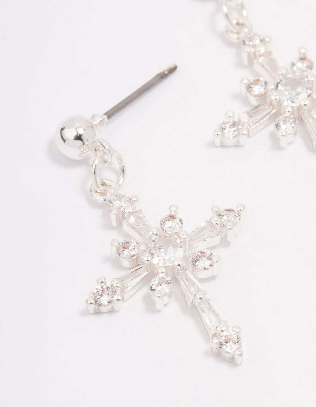 Silver Plated Cubic Zirconia Ornate Cross Drop Earrings