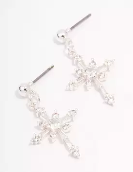 Silver Plated Cubic Zirconia Ornate Cross Drop Earrings