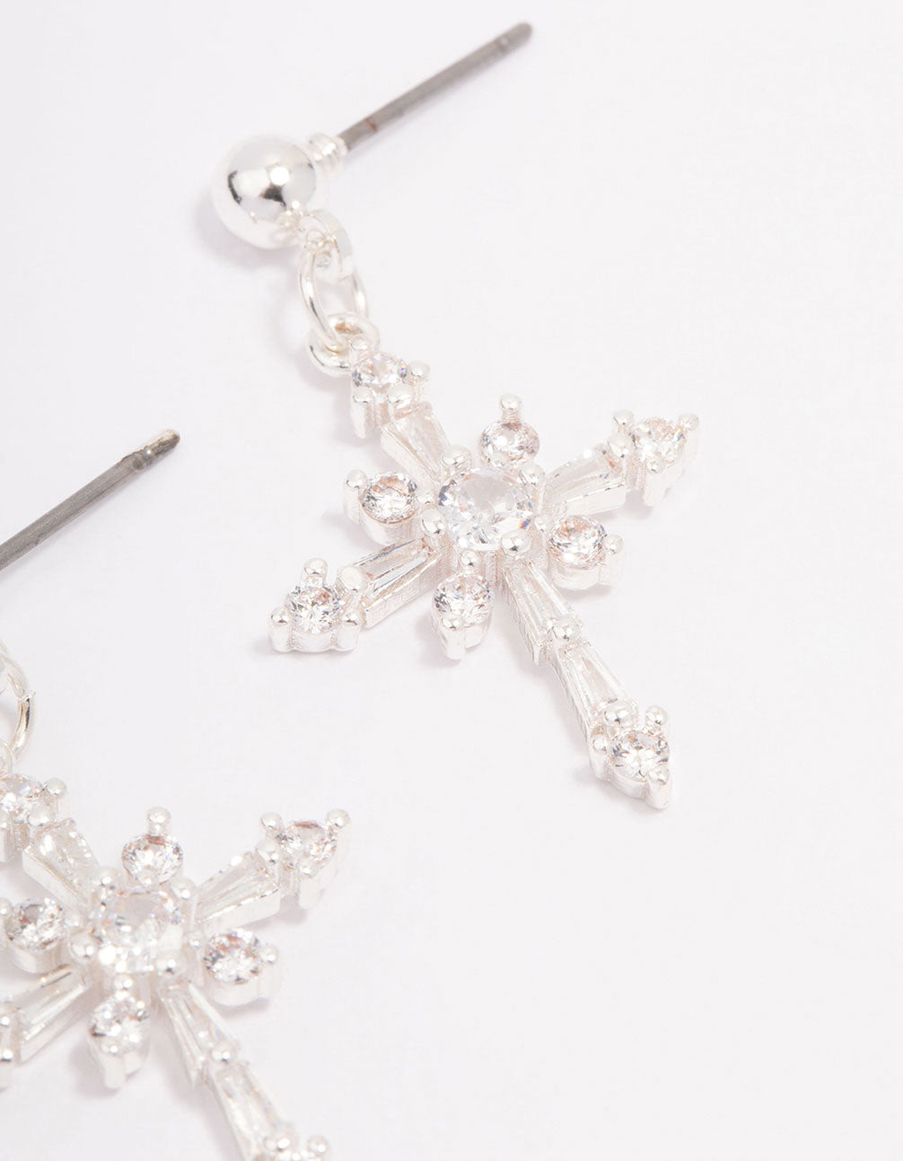 Silver Plated Cubic Zirconia Ornate Cross Drop Earrings