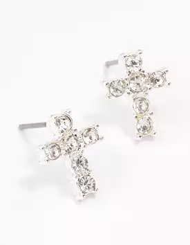 Silver Plated Diamante Cross Stud Earrings