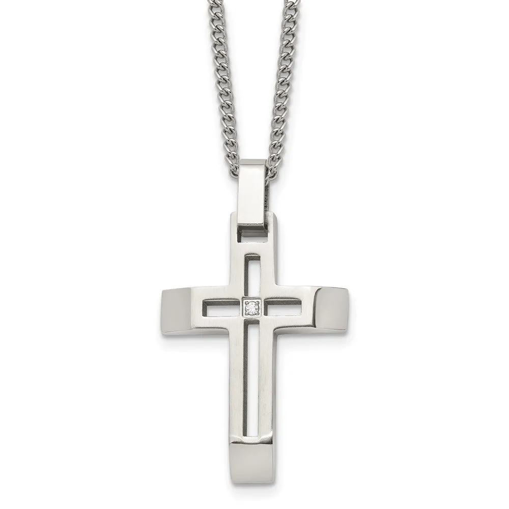 Stainless Steel & CZ Brushed/Polished Beveled Cross Necklace, 22 Inch