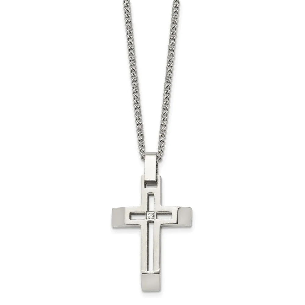 Stainless Steel & CZ Brushed/Polished Beveled Cross Necklace, 22 Inch